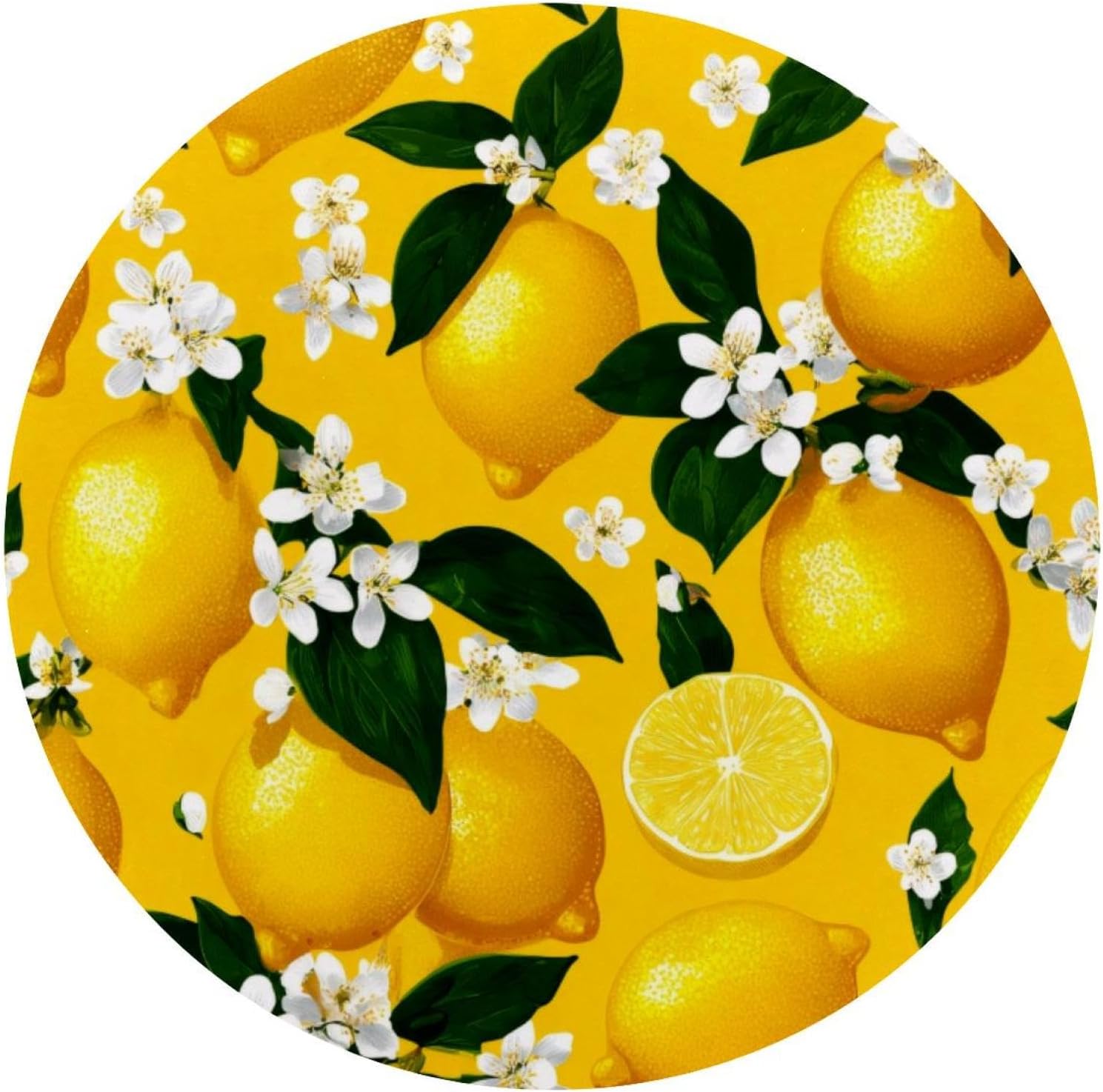 Round Mouse Pad for Women Men, 10’’ Round Desk Pad Mousepad Non-Slip Rubber Base, Office Home Laptop Accessories, Seamless Lemon Fruits and White Flowers