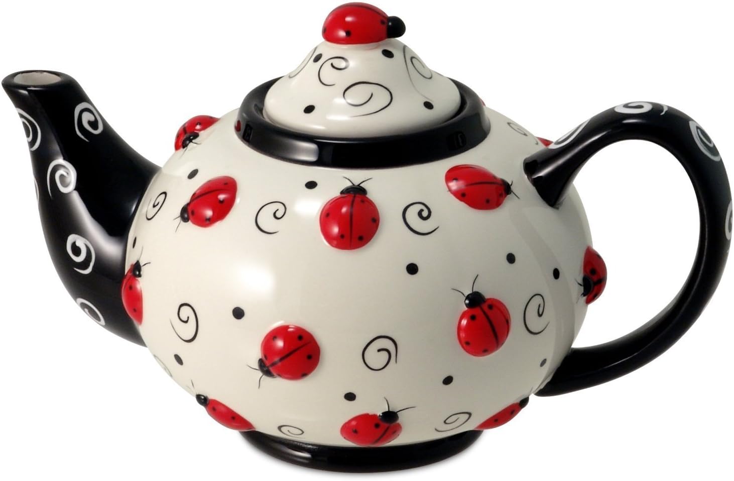 Hand-Painted Ceramic Ladybug Teapot with Swirls, 46 oz