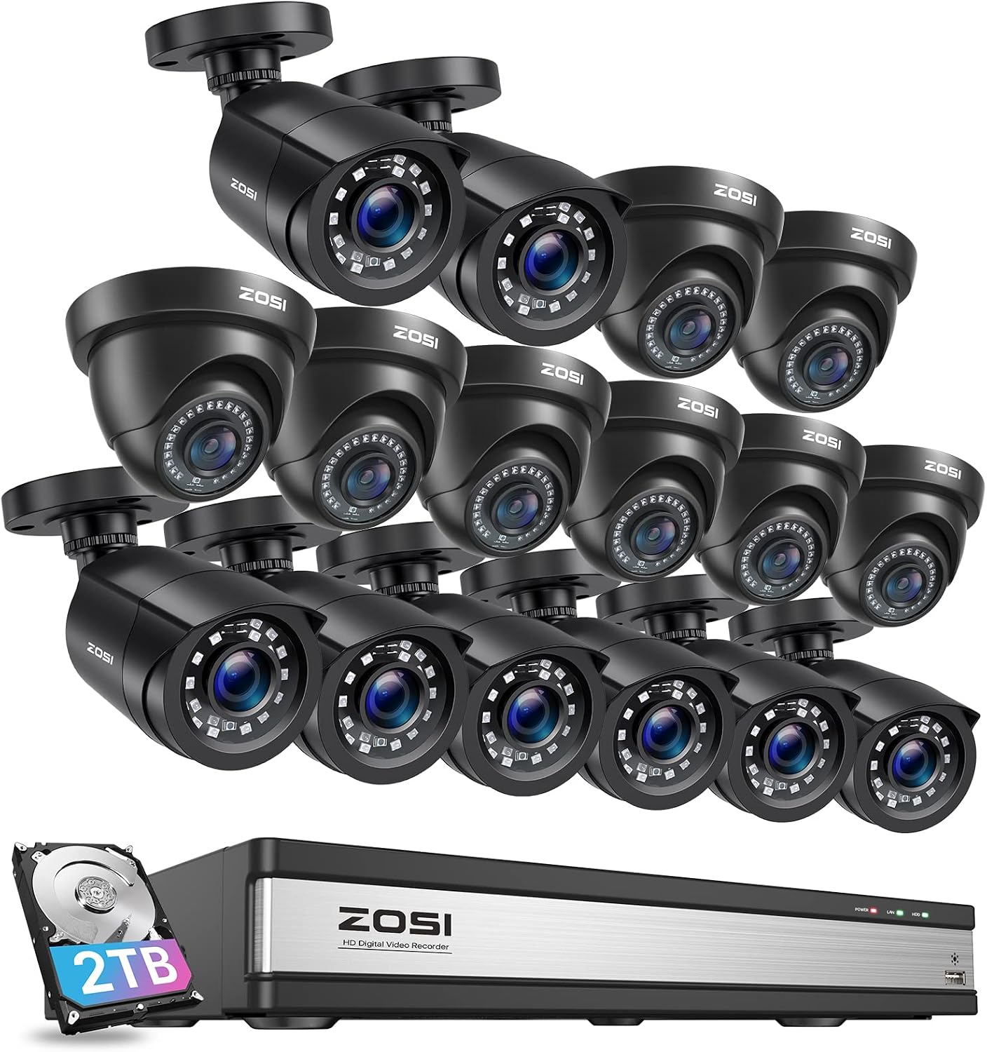 ZOSI 1080p 16 Channel Security Camera System, H.265+ 16 Channel DVR with Hard Drive 2TB and 16 x 2MP Weatherproof Surveillance CCTV Bullet Dome Camera Outdoor Indoor, 80ft Night Vision, 90° View Angle