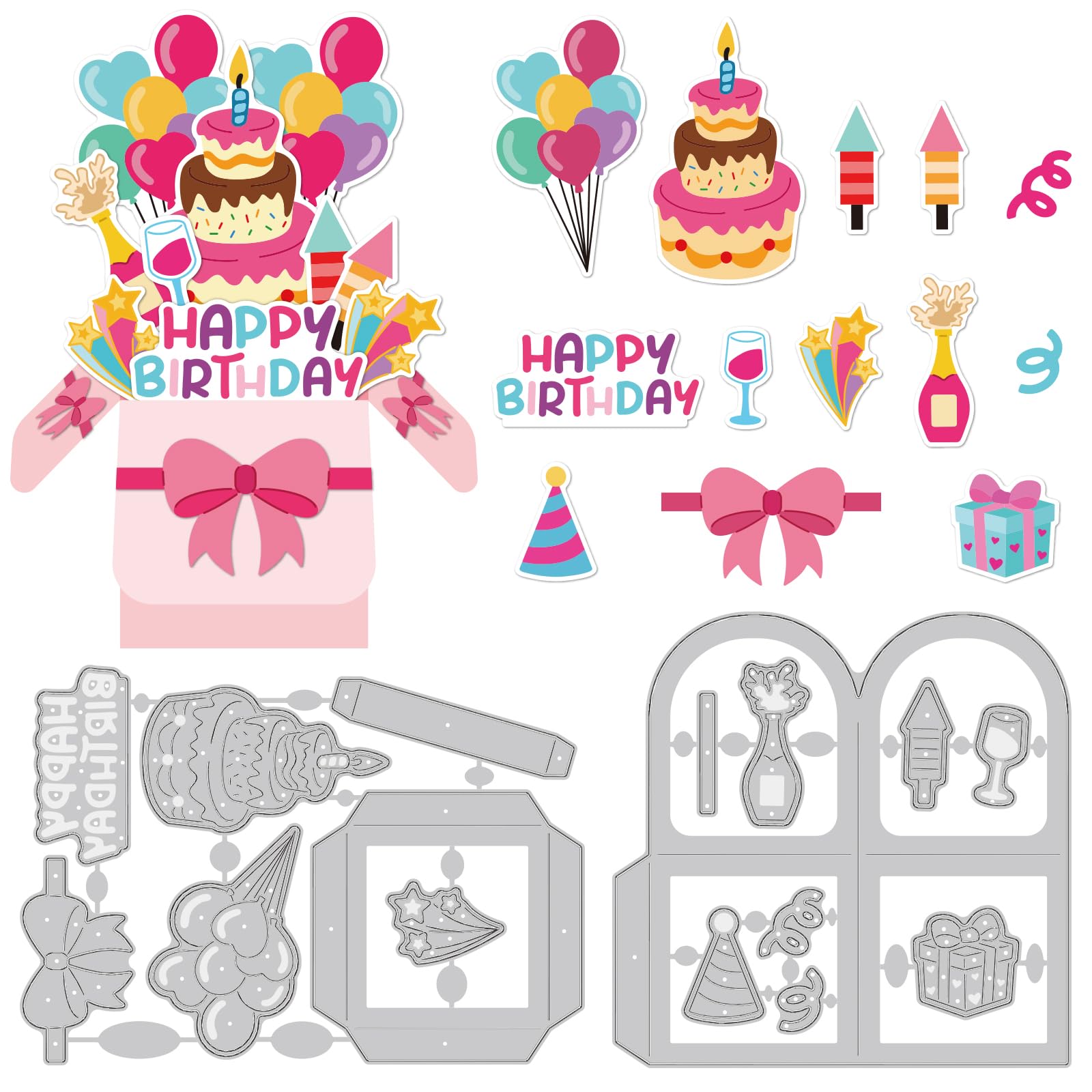 INFUNLY 16Pcs Birthday Box Cutting Dies for Card Making 3D Pop Up Card Die Carbon Steel Happy Birthday Die Cuts Cake Balloon Gift Scrapbooking Album Decorative 3.9x5.5 Inch — image 1