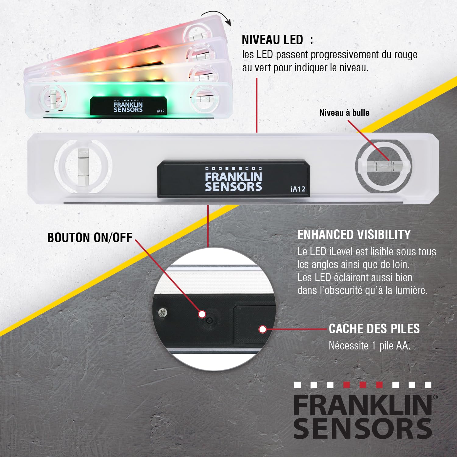 Franklin Sensors Niveau lumineux, devient vert quand de niveau, numérique/électronique, niveau torpille magnétique de 30,5 cm, outil de nivellement vertical et horizontal avec 2 fioles à bulles