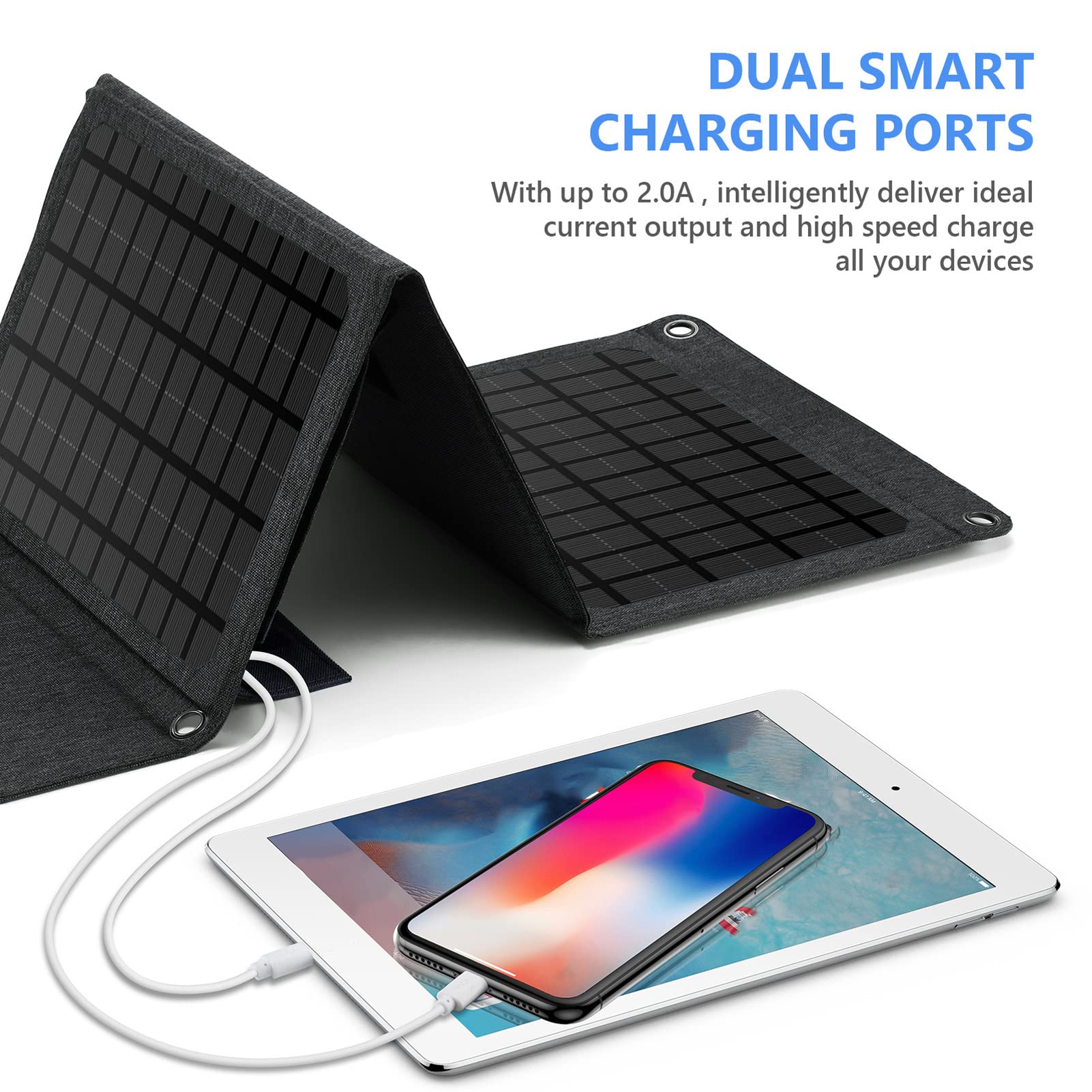 KANASI Sac Pliable pour Panneau Solaire 30W, Chargeur Portable à Double Sortie USB DC pour Camping en Plein air randonnée Alimentation de Secours