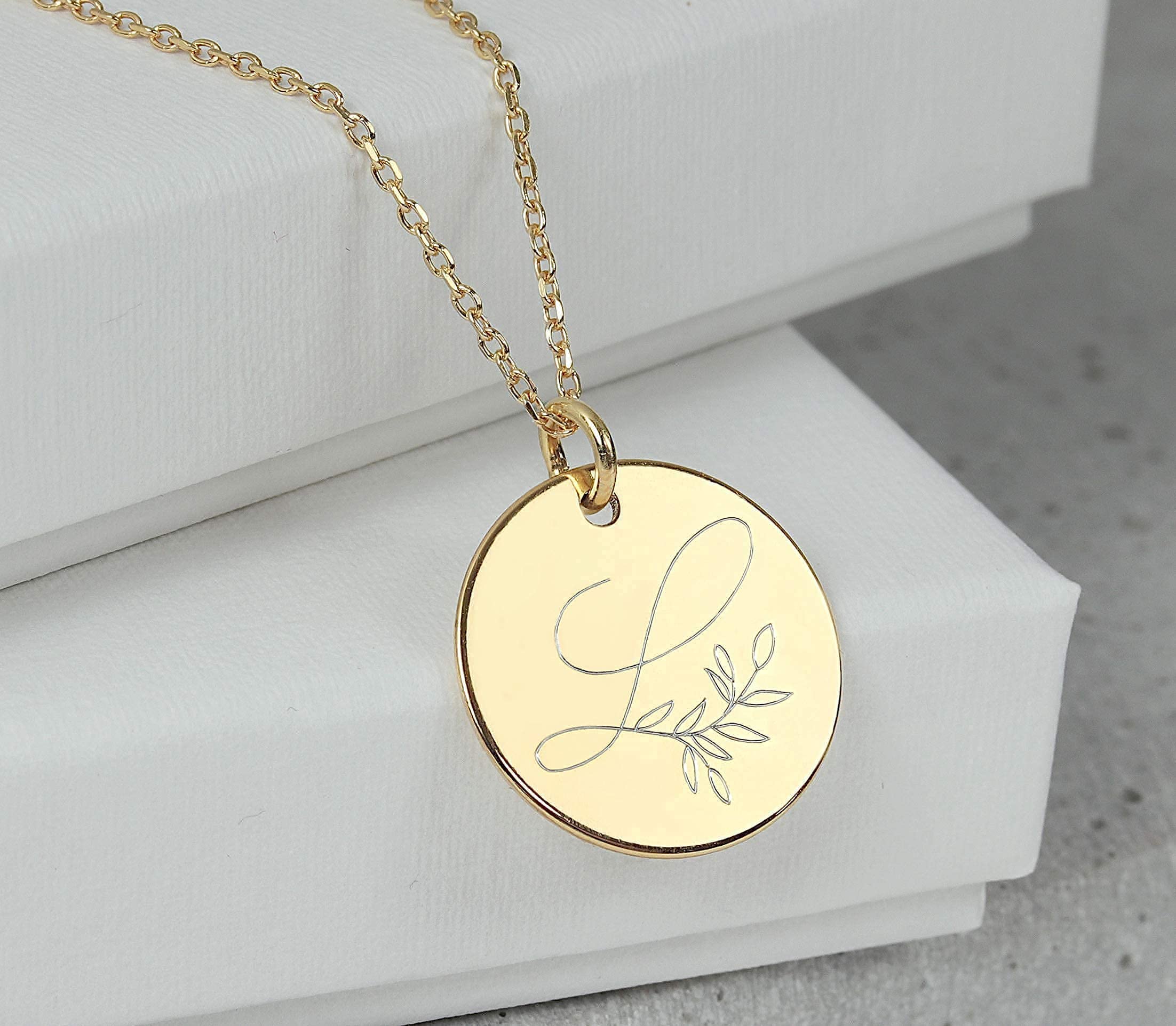 Kette Buchstabe Plättchen-Anhänger 925 Silber Gravur Blätterranke