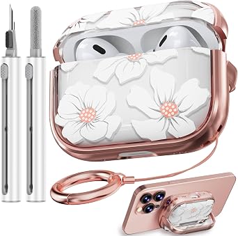Inesore for AirPods Pro 2nd Generation Case Cover with Lock, Flowers Cute Clear Air Pods Pro 2 Case Hard iPod Pro Cases for Women Girls with Cleaner Kit 2023 USB-C /2022/2019 -White Lily