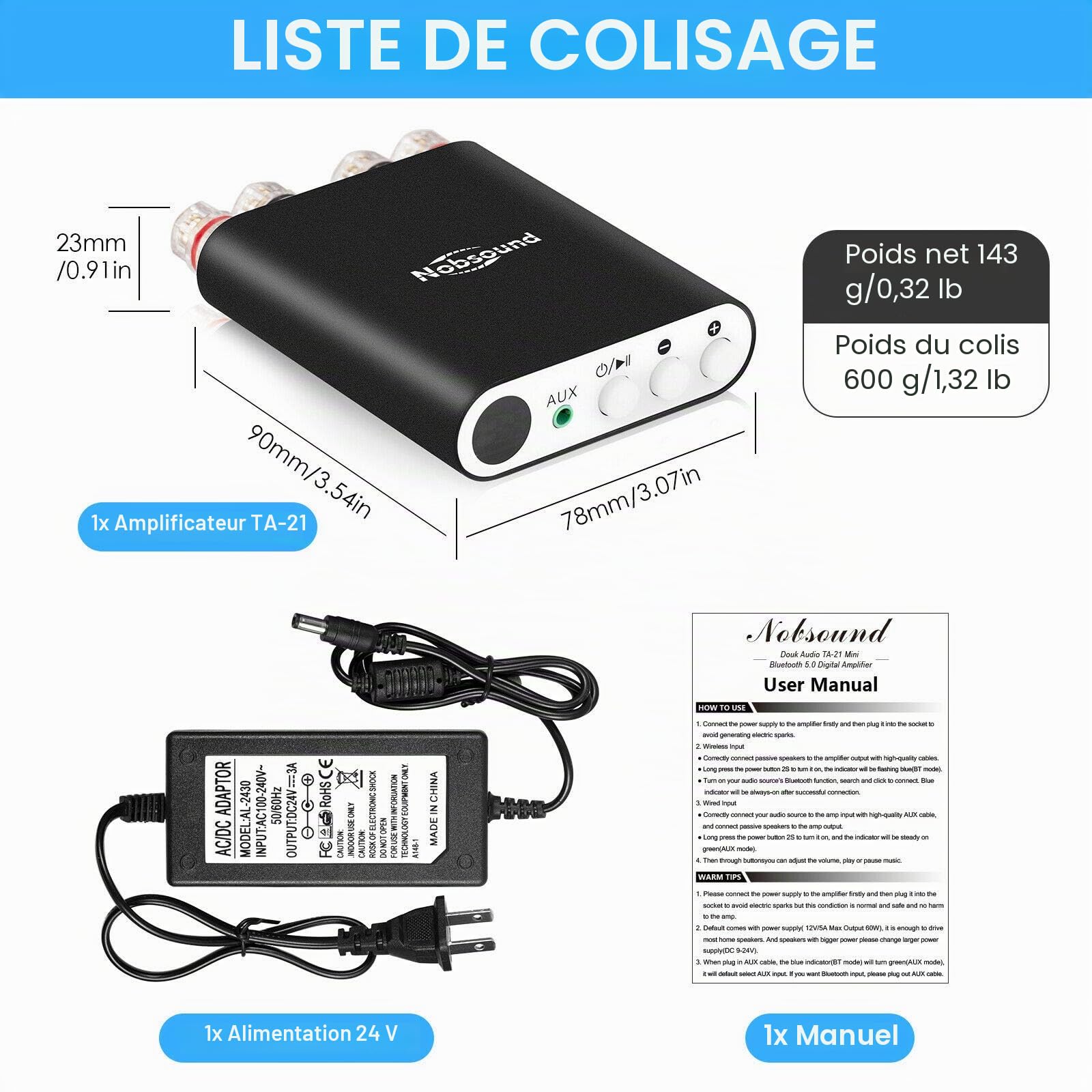 Mini amplificateur numérique Bluetooth 5.0 DSP TPA3221 Amplificateur de puissance intégré Récepteur stéréo 2 canaux Amplificateur audio domestique 200W (Nobsound TA-21)