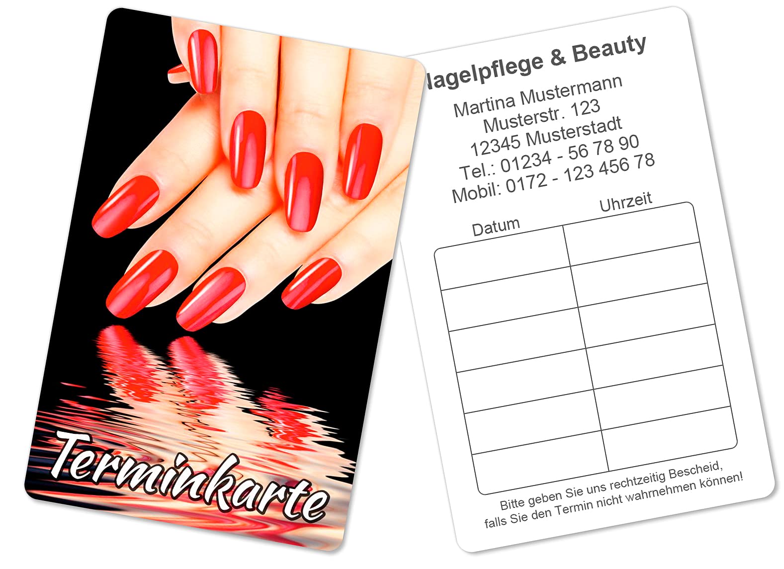 500 Terminkarten bedruckt mit Ihrer Adresse für Nagelpflege Nagelstudio - Kein Stempel notwendig - Inkl. Kartenspender