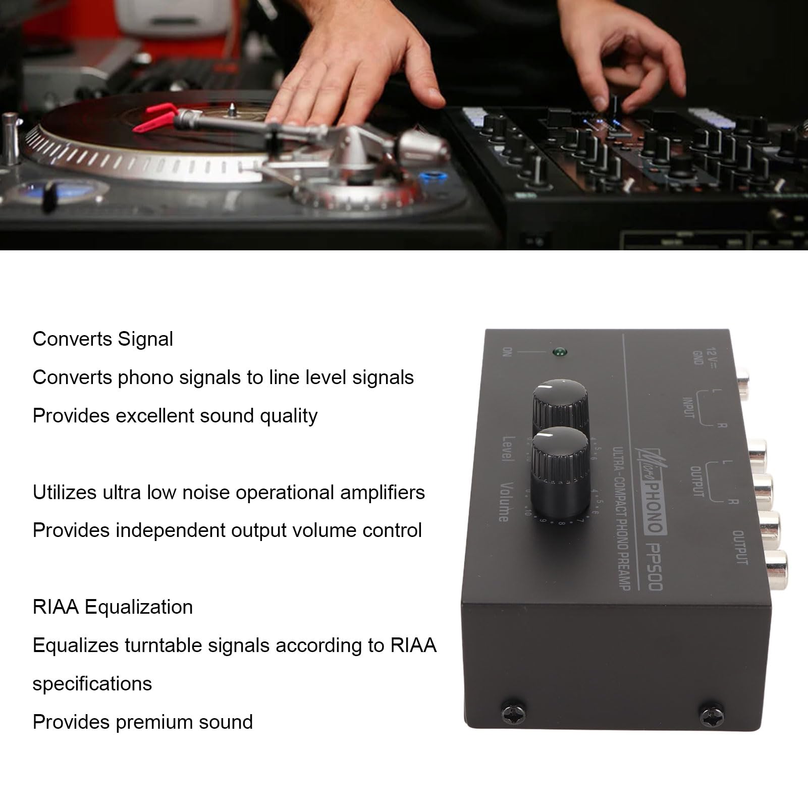 Preamplificador de Tocadiscos Phono, Compacto y Duradero con Control de Volumen Independiente, Convierte Señales de Phono a Nivel de Línea, Ofrece Sonido Premium Ecualizado RIAA