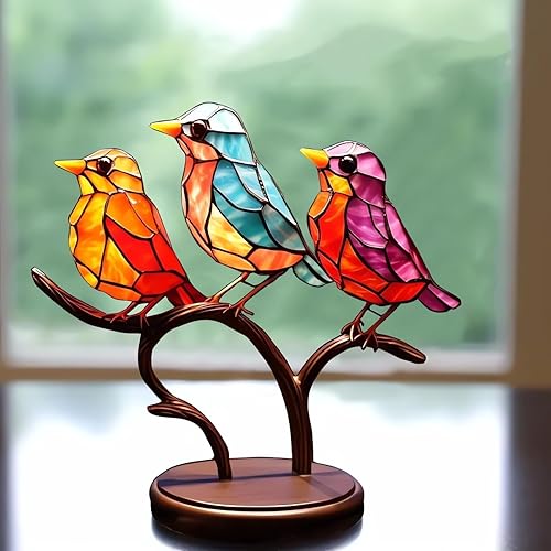 Miniatura 7 de Adornos de escritorio de pájaros en rama, acrílico manchado de doble cara, estatua multicolor de colibrí, escultura de pájaro de arte de metal,