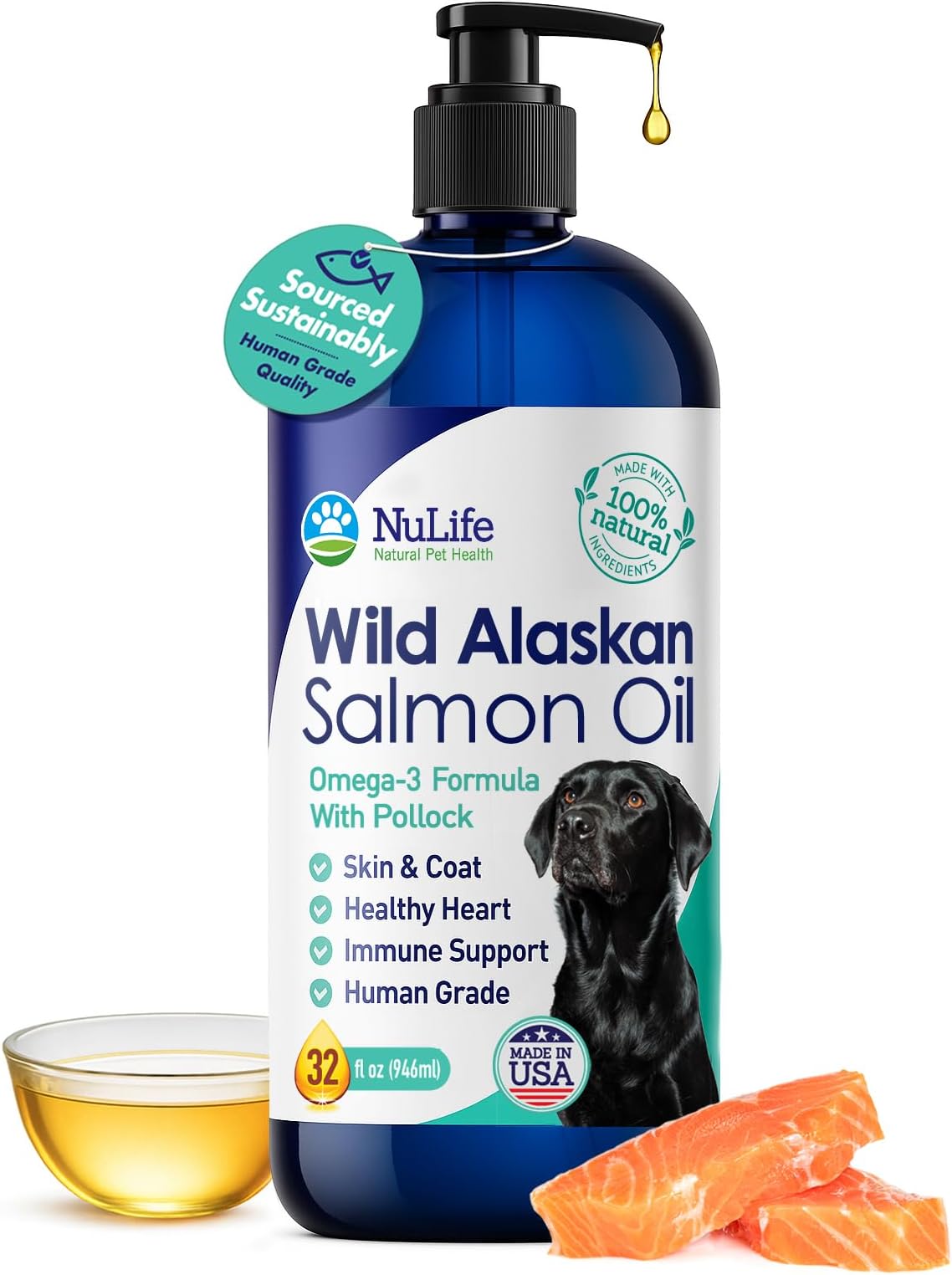 Pure Wild Alaskan Salmon Oil for Dogs - Omega 3 Formula - Dog Fish Oil Liquid - Skin and Coat Supplement for Shedding - Dry Itchy Skin and Allergies - EPA + DHA Fatty Acids - 32 oz Pump Bottle