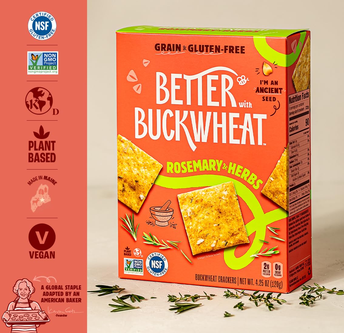 Better with Buckwheat Rosemary & Herbs Crackers, 3-Pack - A Complete Protein, Gluten-Free Crackers, Healthy Snack Crackers, Grain-Free, Non-GMO, Sugar-Free - Pair with Cheese, Hummus & Dips