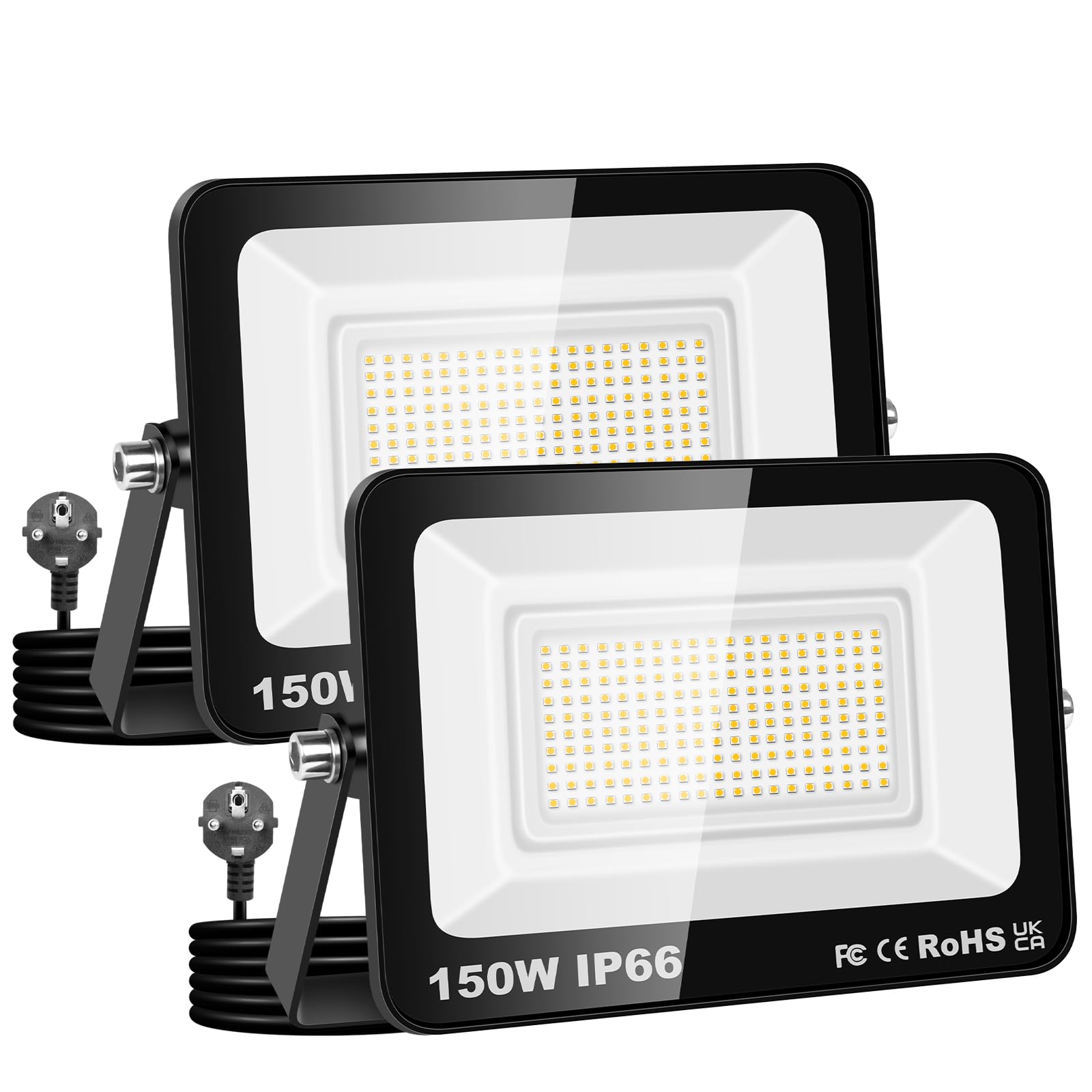 AUXTINGS 2 Stück 150W Led Strahler Außen mit Stecke, 15000LM Scheinwerfer Aussen IP66 Fluter 4000K Warmweiß Aussenstrahler Flutlichtstrahler mit 150cm Cable für Garten Hinterhof Garage Terrassen