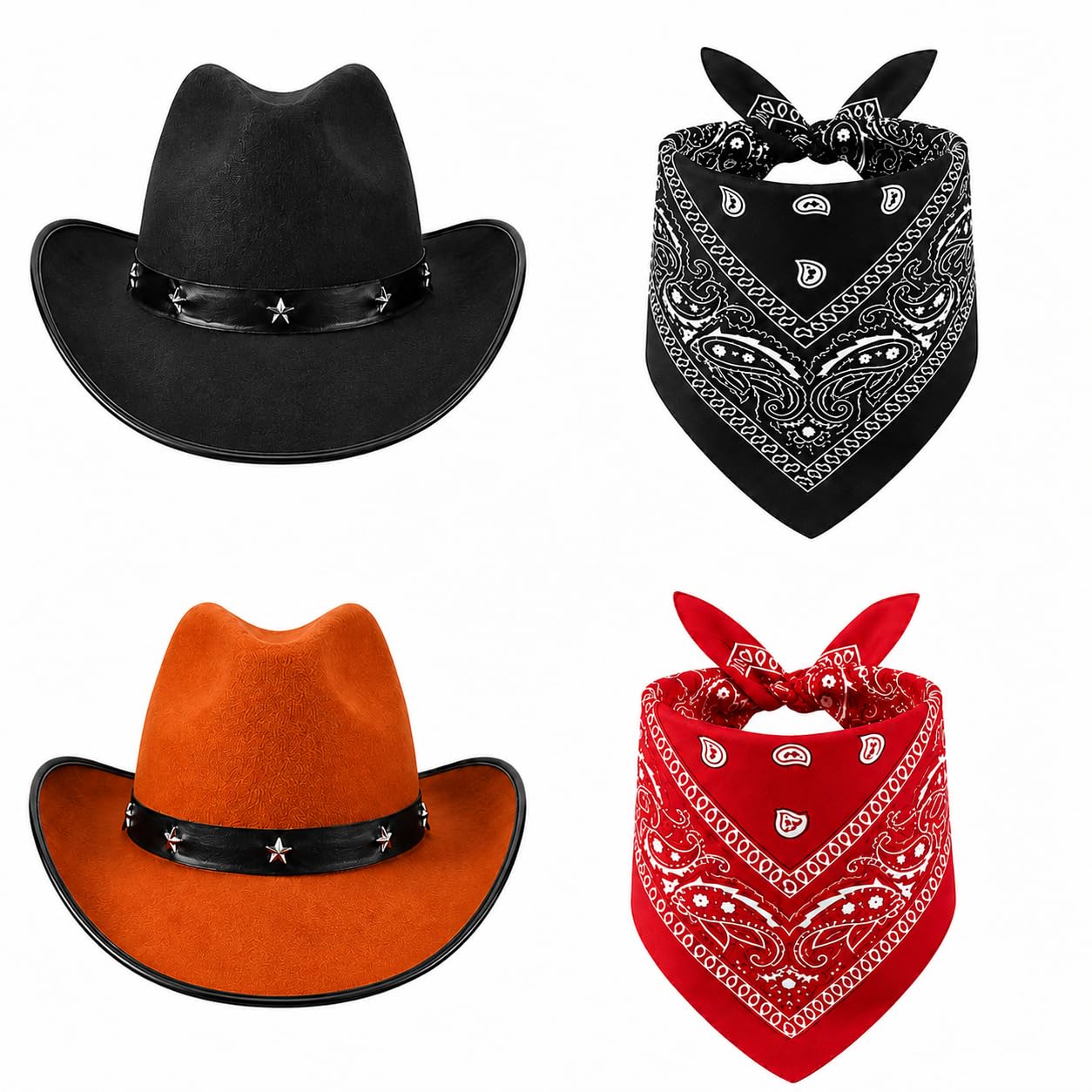 Kxsufwa 4-Piece Cowboy Hat and Bandana Set for Men and Women