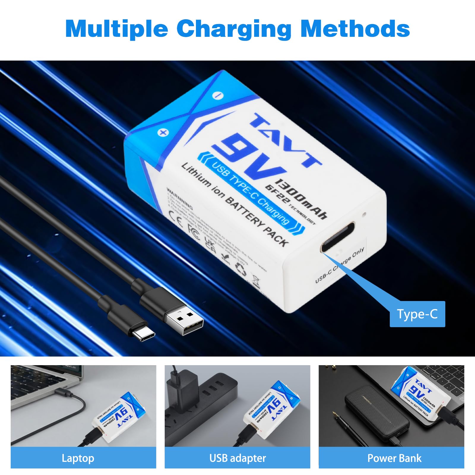 TAVT 2X 9V baterías de 1300mAh con Puerto de Carga USB-C para Juguetes, Detector de Humo, multímetro, walkie-talkies, micrófonos — view 2