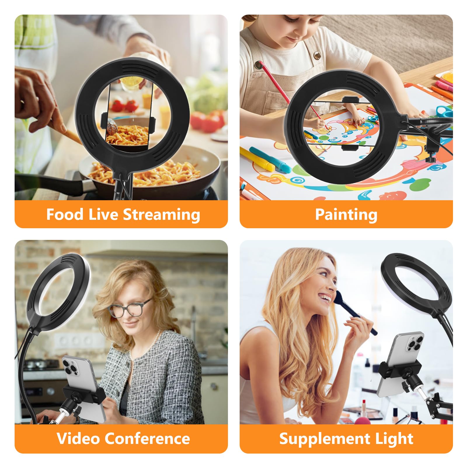 Supporto per cellulare appeso con luce anulare, supporto flessibile per fotocamera da tavolo con luce anulare per registrazione video, live streaming, pittura, make-up e infeltrimento ad ago