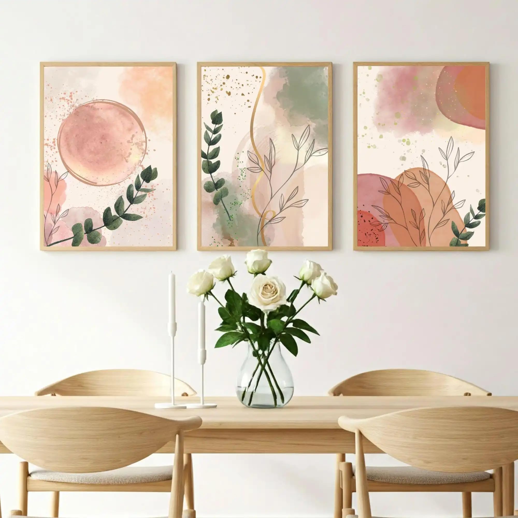 Dittelle Frameless Bohemian Flowers Plants Canvas Printing Neutral Abstract Geometric Line Wall Art Posters For Modern Spring Home Decor(50X75cm/3Pcs )