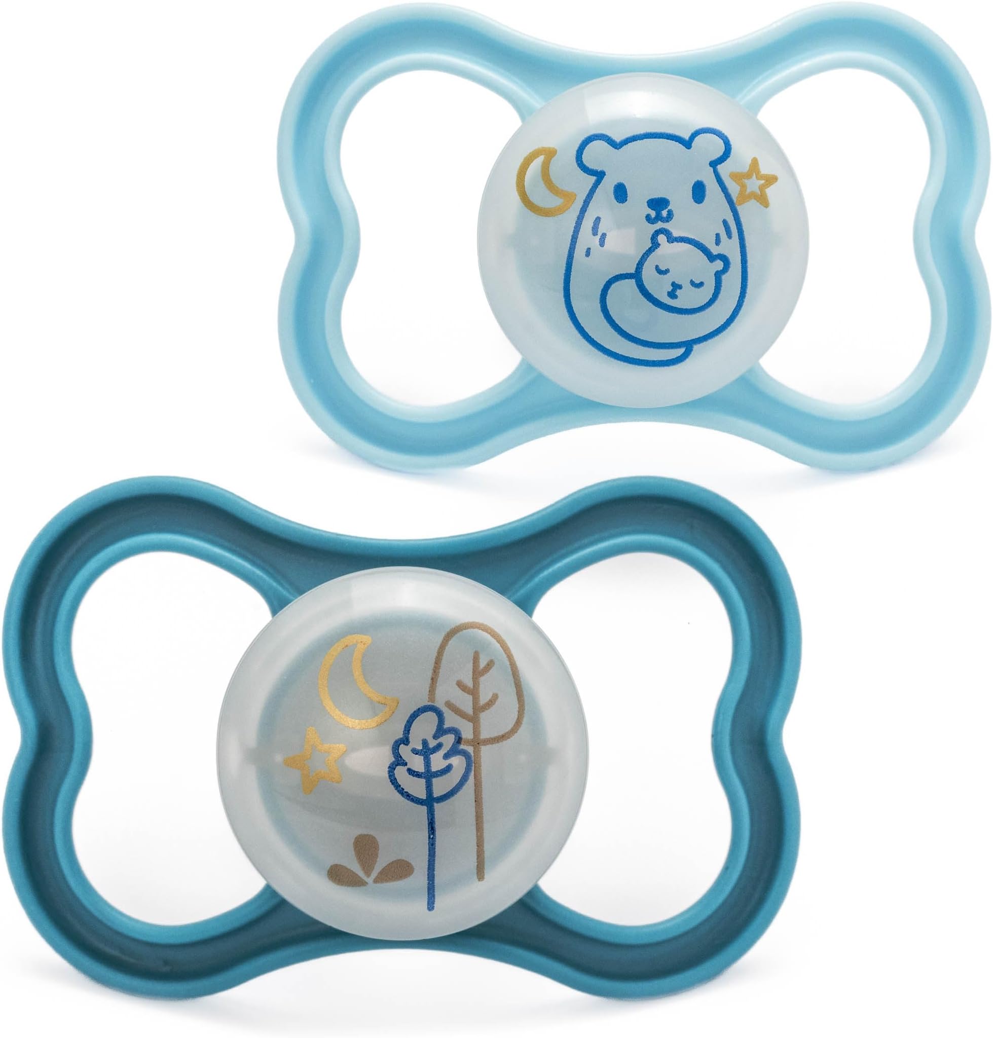 MAM Air Night Soothers | 18-36 Months | 2 Pack | Glow in The Dark Dummies | Comes in Dummy Steriliser Case | Sustainable Materials | Baby Accessories | Blue (Various Designs)