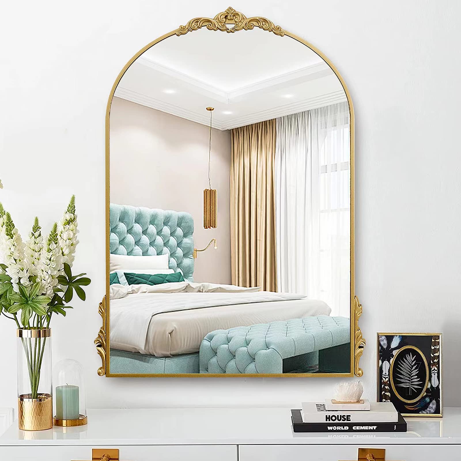 GA Home Carved Arched Mirror 32" x 24", Gold Bathroom Vanity Mirror