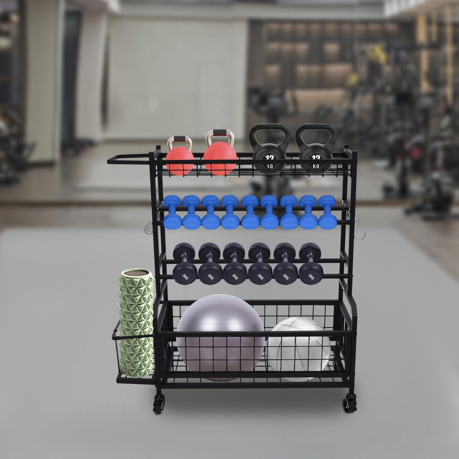 Soporte para pesas, soporte multifuncional para aparatos de fitness con ruedas y freno, soporte de acero ajustable para gimnasio en casa con cestas de almacenamiento y ganchos, 136 kg, organizador