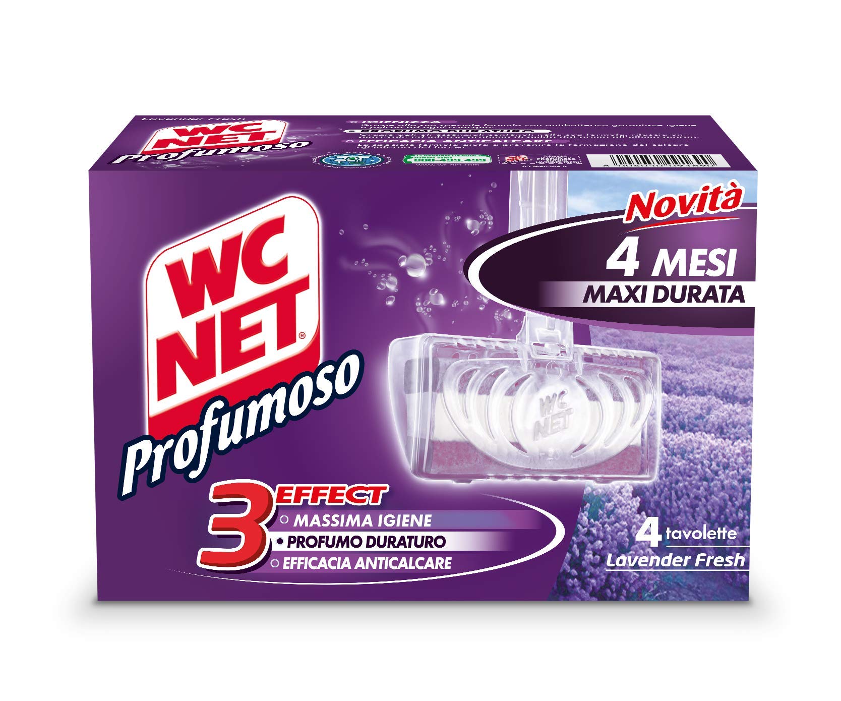 Wc Net - Tavoletta Profumoso 3 Effect, Detergente Igienizzante Solido per WC, Fragranza Lavender Fresh, 4 Pezzi x 12 Confezioni