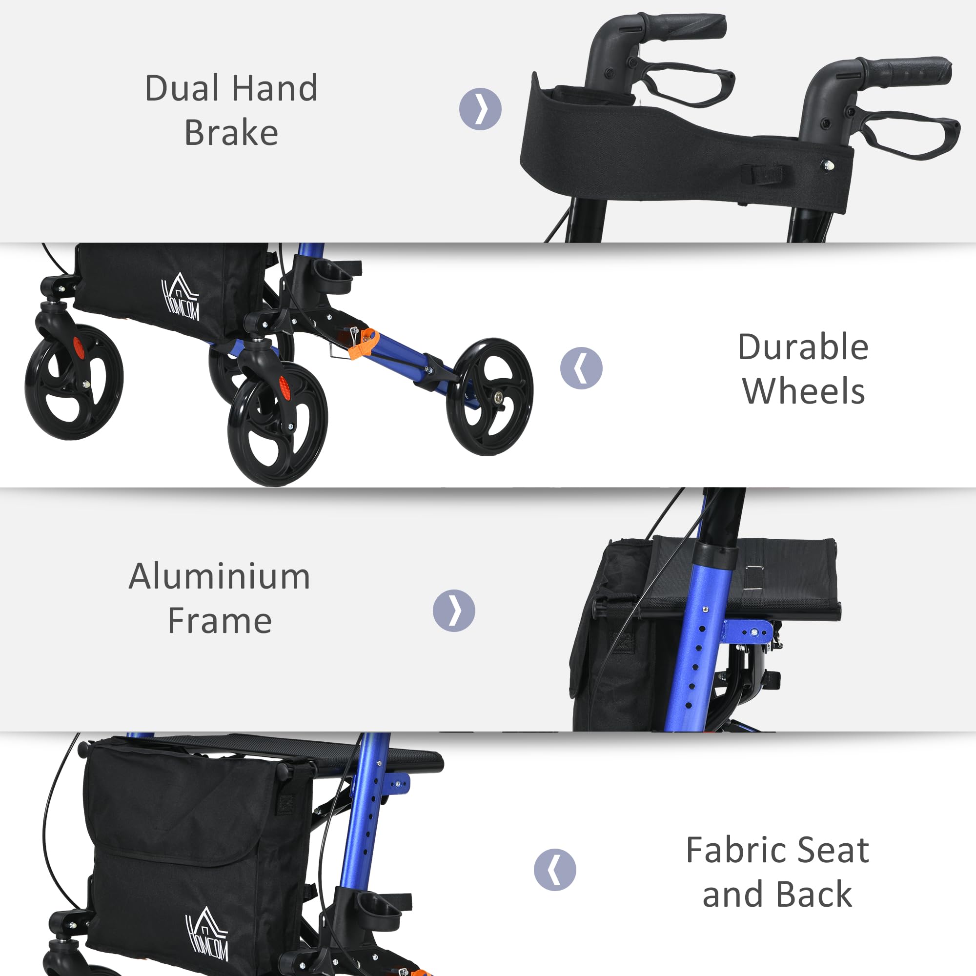 HOMCOM Andador de 4 ruedas con asiento y respaldo, andador plegable de movilidad con bolsa de transporte, altura ajustable, frenos duales, soporte para bastón, marco de aluminio ligero para personas
