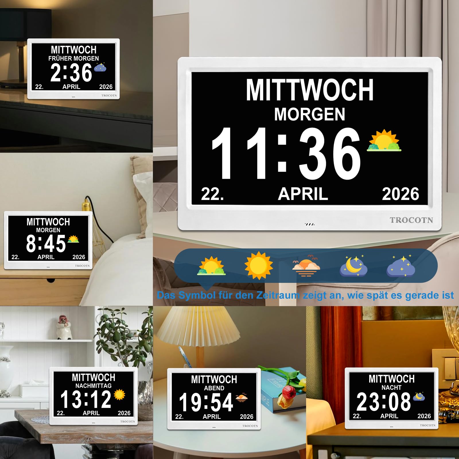TROCOTN Demenz Uhr senioren, digitaler Kalender, seniorenuhr, großes Display Wecker Wanduhr (Weiß, 10 Zoll)