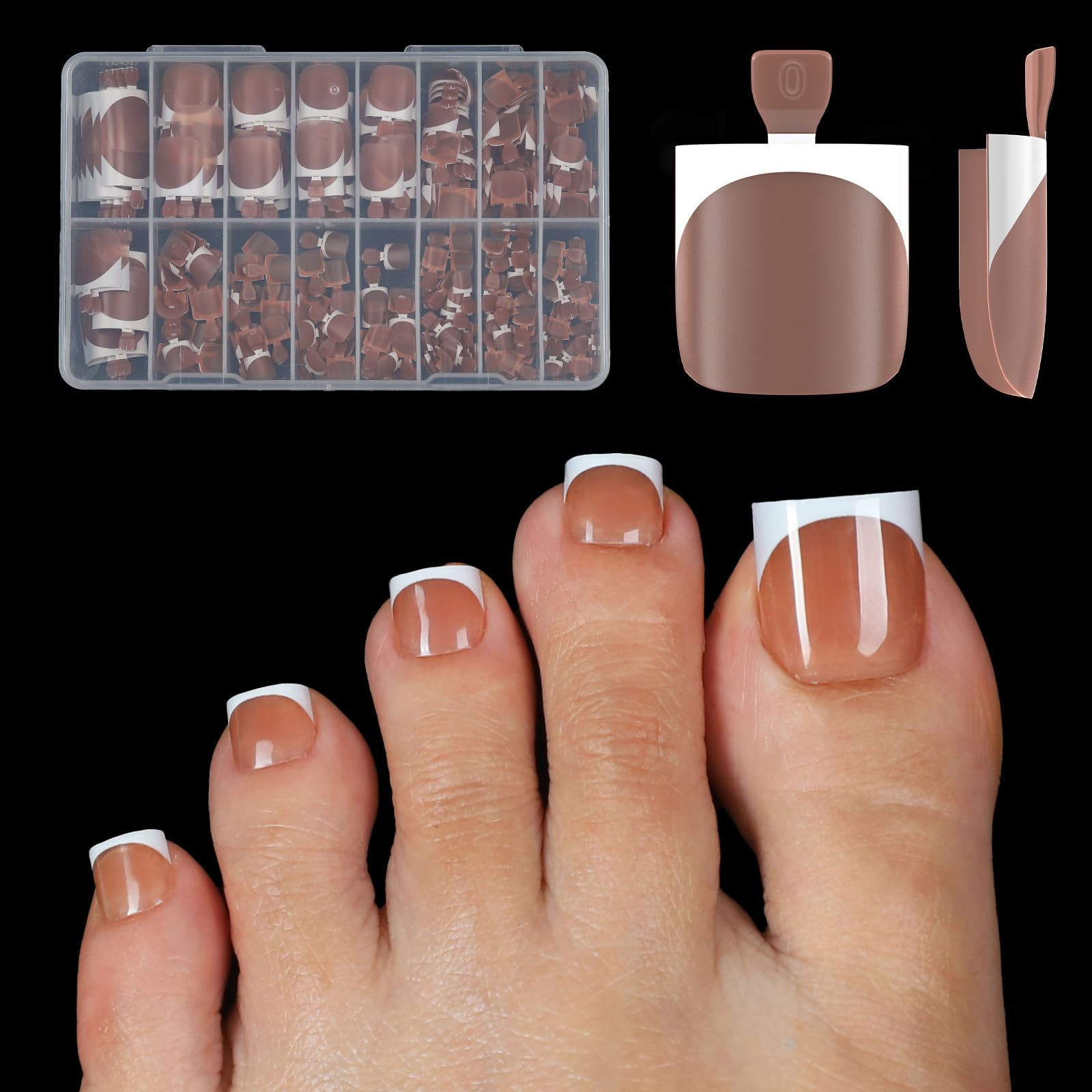 Photo 1 of 300 Pcs French Tip Toe Nail Tips Press on- Anyos Real Square Gel Nail Tips,Full Cover Short Pre-Designed Fake Toenails-Acrylic False Toenails for DIY x 15 Sizes(Brown French)