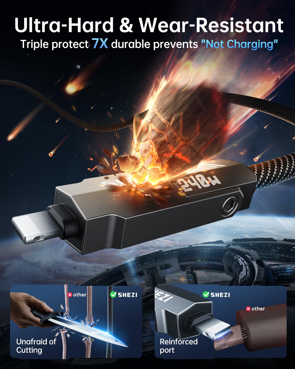 SHEZI Cavo Lightning USB C da 240 W, 4 in 1 in nylon intrecciato per ricarica rapida iPhone iPad [sincronizzazione dati 480 Mbps), cavo di ricarica multi per iPhone 16/Pro/Plus/Pro Max, grigio