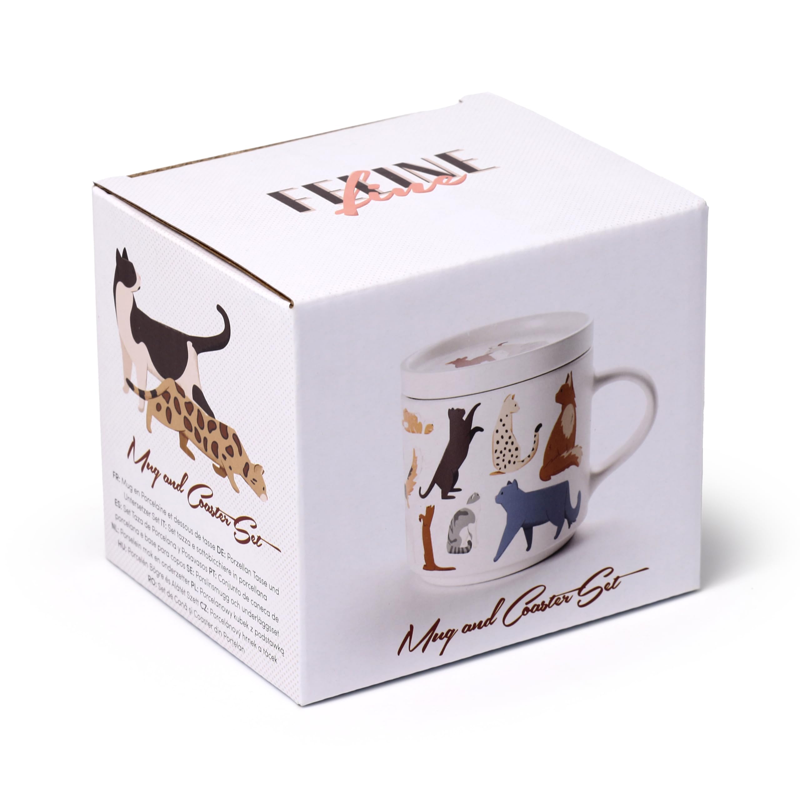 Puckator Set Tasse aus Porzellan und Untersetzer/Deckel 2 in 1 – Katzen Feline Fine – Groß