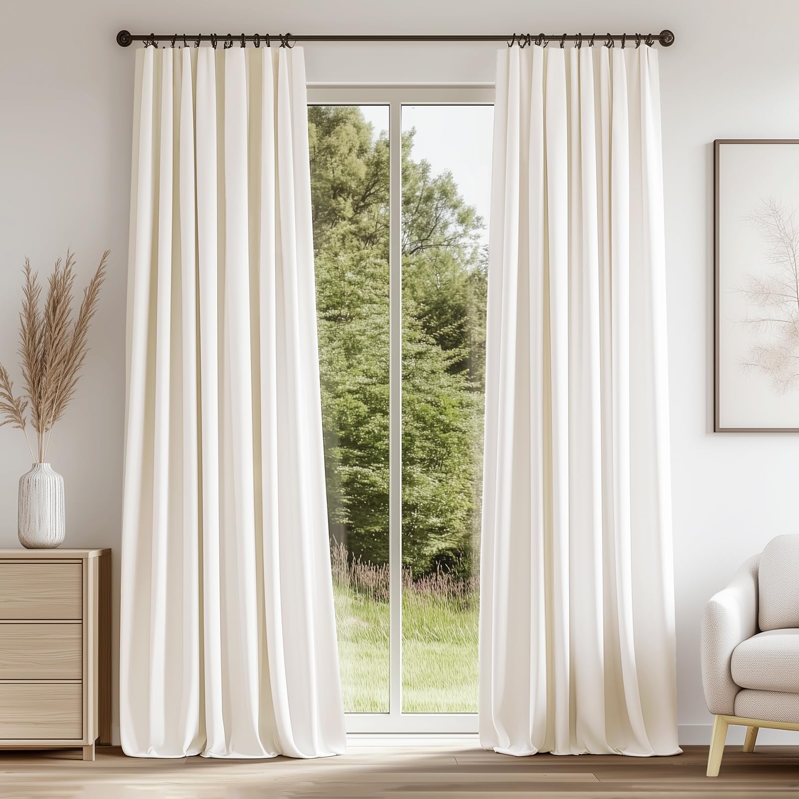 Topfinel Cream Ivory 96 Inches Long Velvet Room Darkening Curtains, Black Out White Boho Thermal Insulated Light Blocking Privacy Window Curtains for