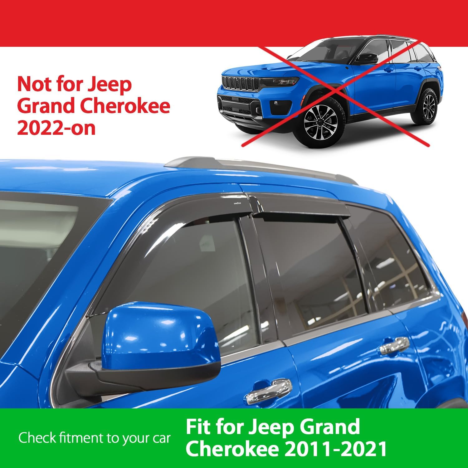 Goodyear Shatterproof Side Window Deflectors for Jeep Grand Cherokee 2011-2021, Tape-on Rain Guards, Window Visors for Cars, Vent Deflector, Vent Visor, Car Accessories, 4 pcs. - GY008845