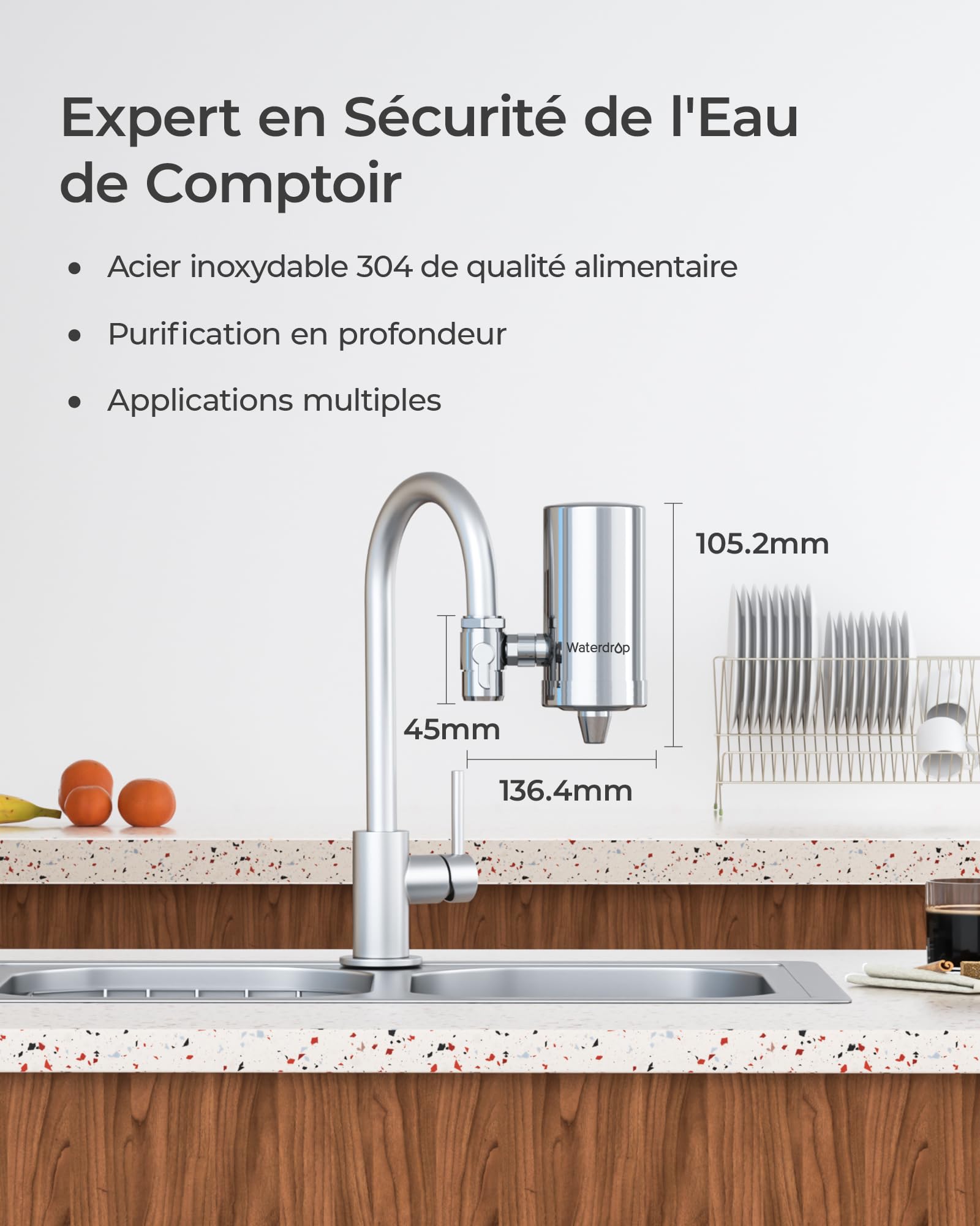Filtre à Eau de Robinet Waterdrop WD-FC-06 Acier Inoxydable Système Filtration Bloc Carbone 4 Filtres
