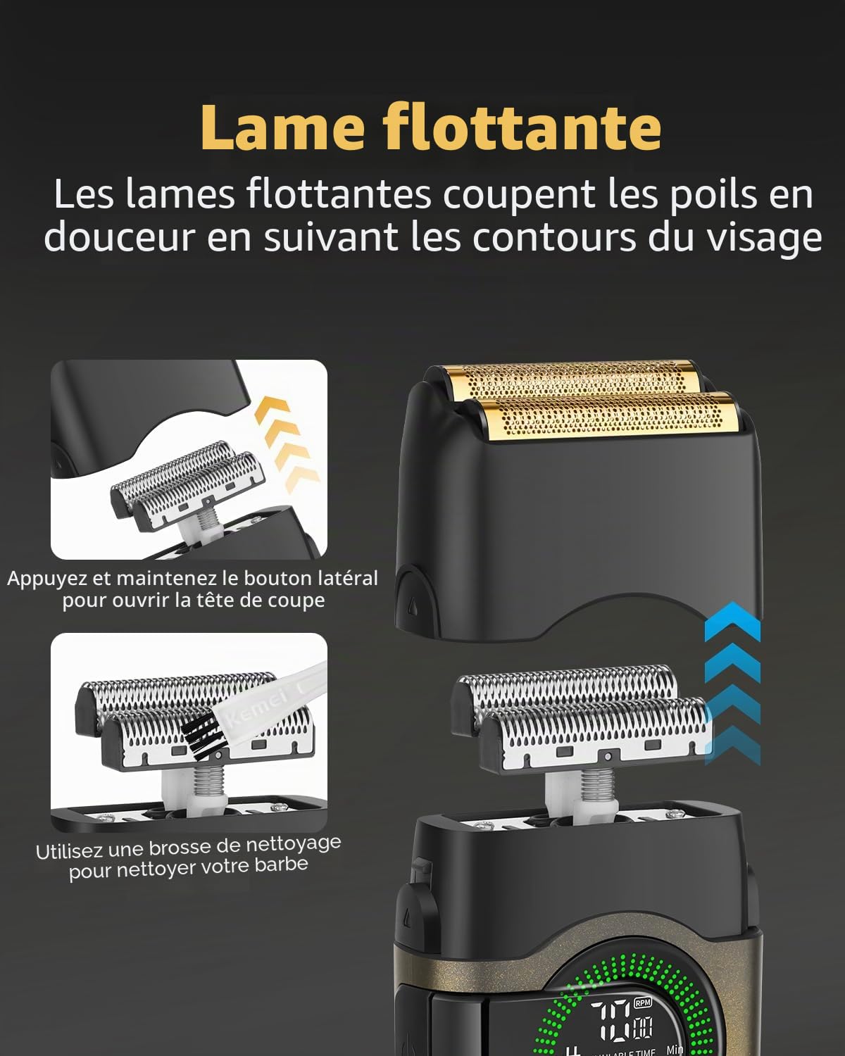 KEMEI Rasoirs électriques pour homme, rasoir à double feuille avec lames flottantes, rasoir à barbe sans fil, sans fil, rechargeable par USB de type C, jusqu'à 100 minutes d'utilisation, verrouillage