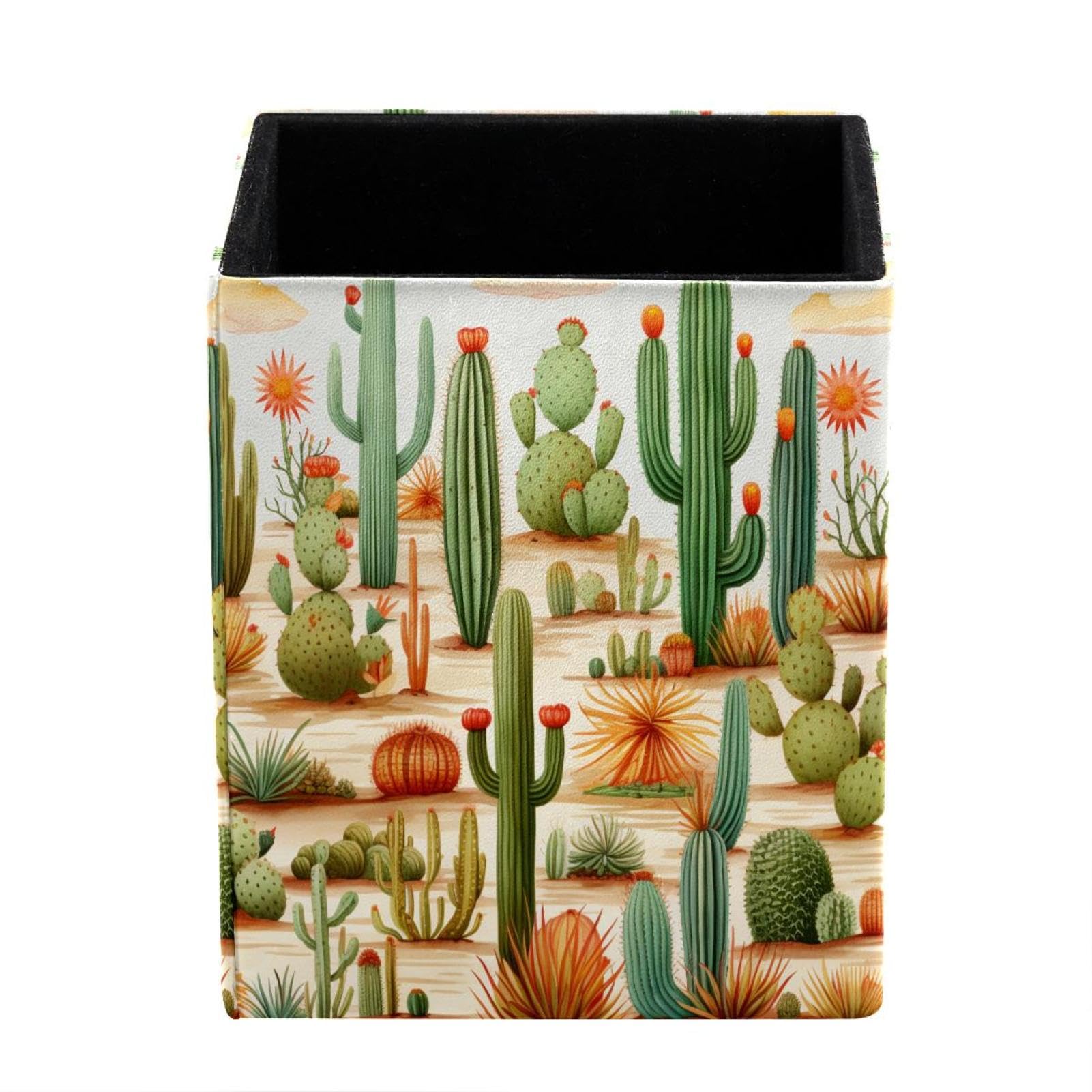 XingFox Sunset Sunflowers Pen Holder for Desk Deco, Sqaure PVC Leather Pencil Cup for Desk Pen Organizer, Makeup Brush Holder for School, Home, Office