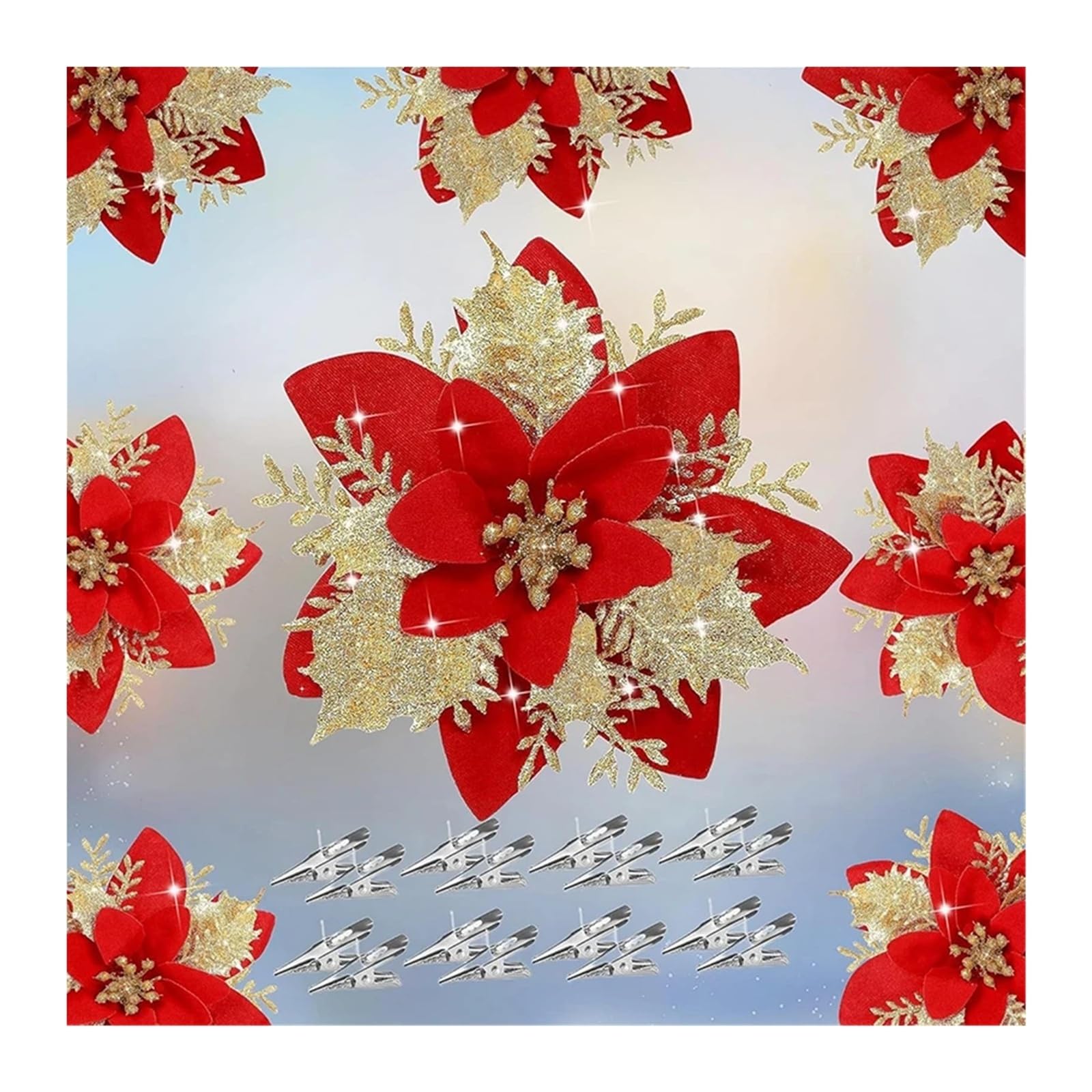 FDBTYJN Fabric Flowers 2/5Pcs 14cm Glitter Artifical Flowers Mreey Tree Decor Happy Year Ornaments Xmas Fake Natal(Gold Red,5Pcs)