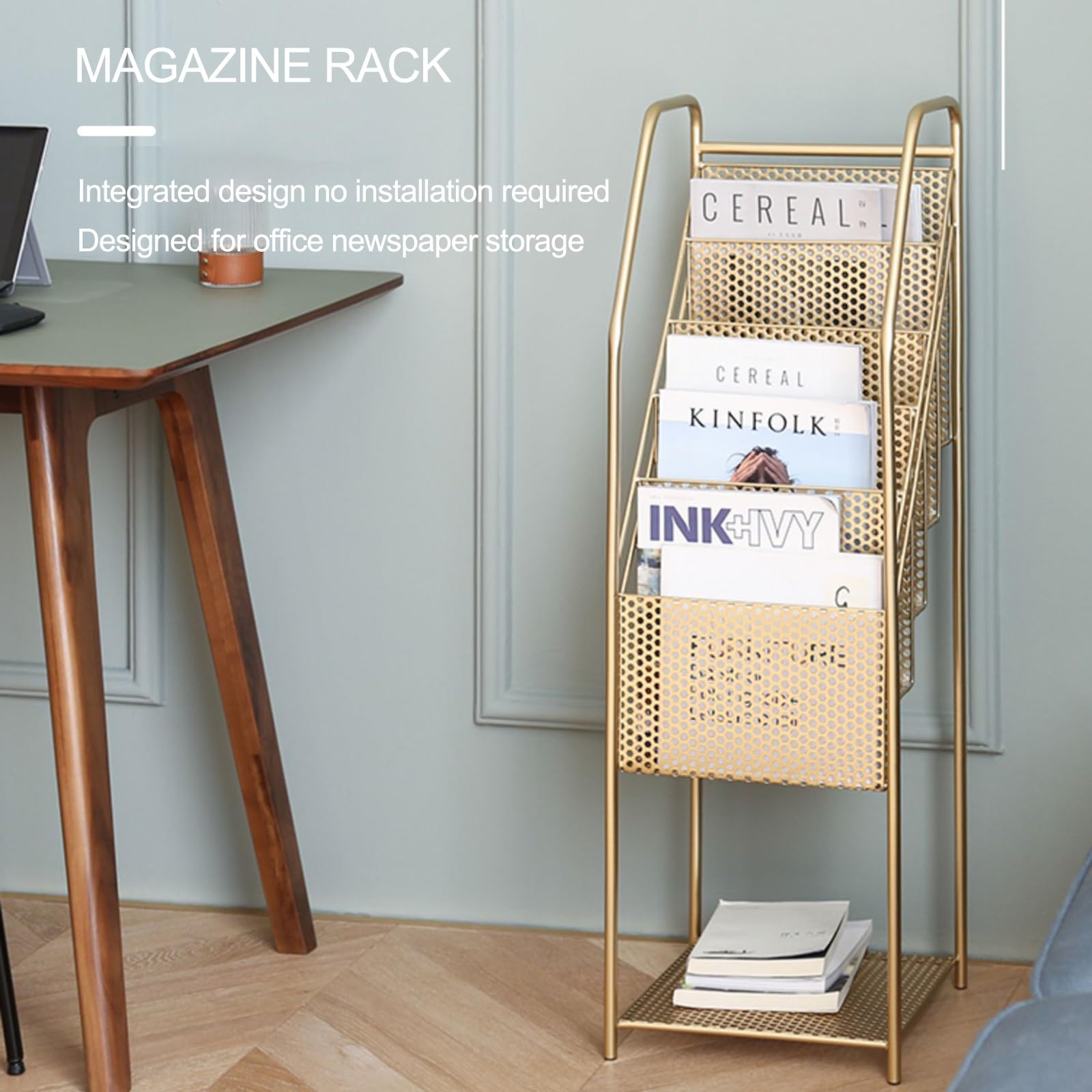 Prospektständer im Hochformat, 5 GroßE Taschen Iron Zeitschriftenständer Magazine Rack Stand, Prospekthalter für Menüs Prospeketen Katalogen Preiskarten(Black)