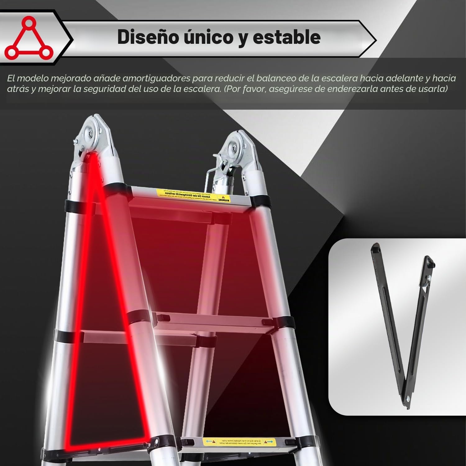 Escalera telescópica plegable de aluminio, 5 m, antideslizante, marco en A, con estabilizador triangular y ruedas, escalera multiusos extensible, soporta hasta 150 kg, color plateado