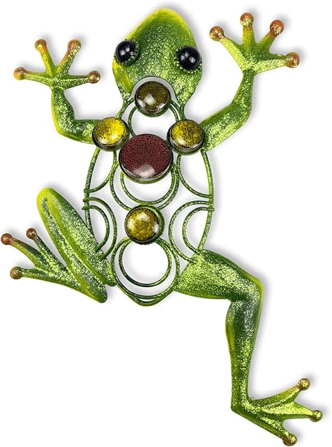 Liffy Frog Wall Decor Outdoor Metal Art Decorative Glass Sculpture Green for Garden