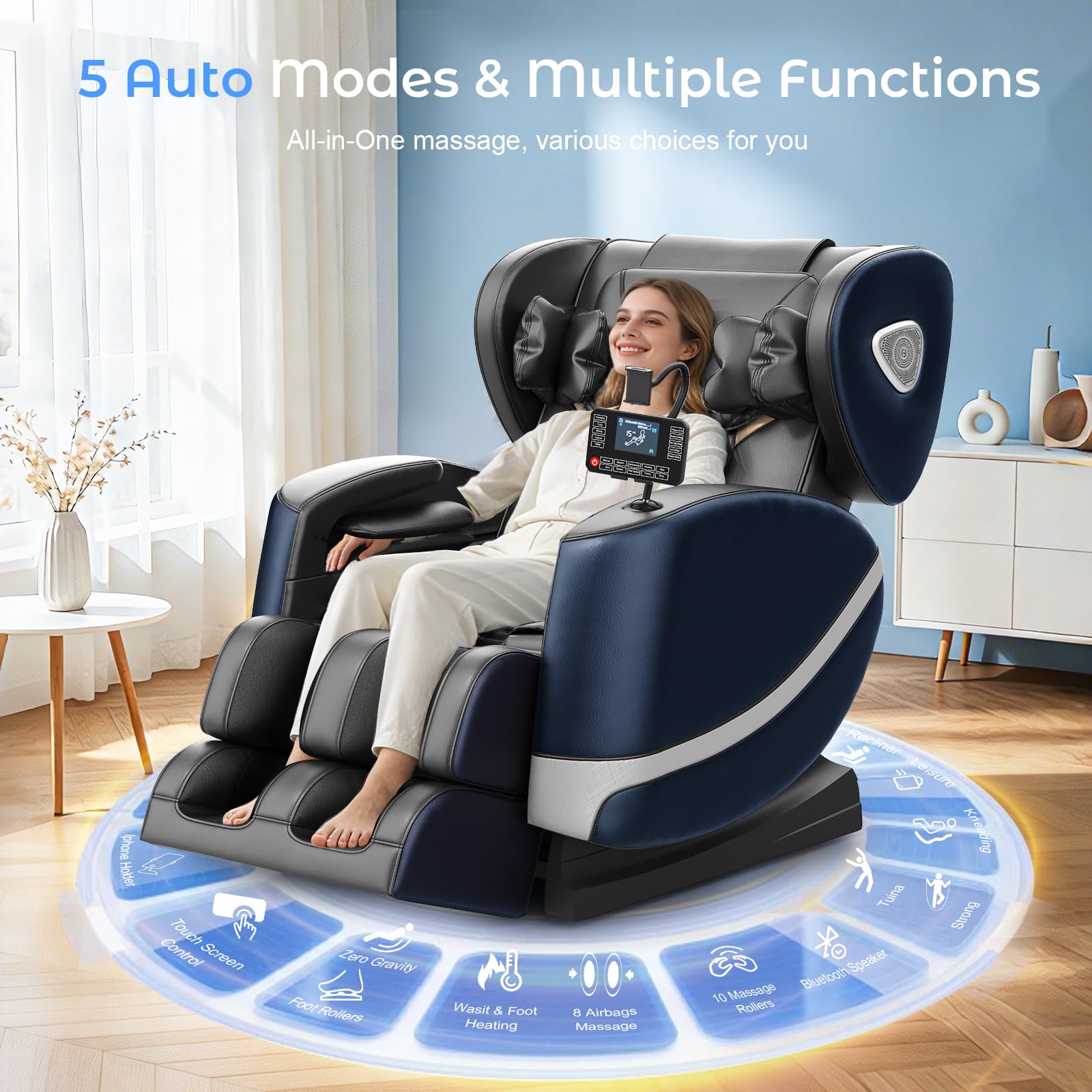 Poltrona Massaggiante per Tutto il Corpo con Rulli e Airbag, Funzione Zero Gravity, Altoparlanti Bluetooth e Touchscreen, Funzione Riscaldante per Vita e Gambe, con Massaggio Plantare (Blu + Grigio)