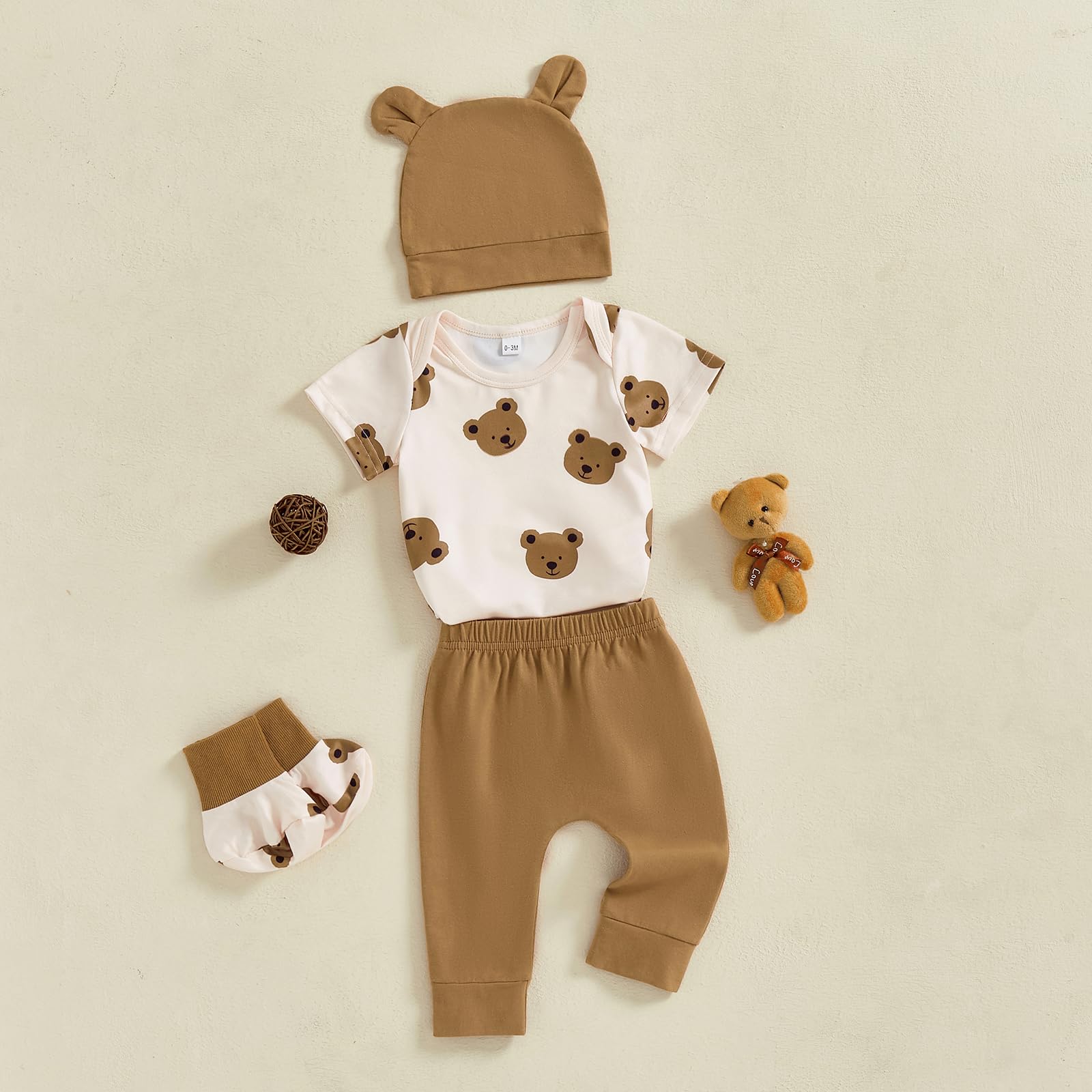 Nouveau-né Come Home Vêtements Bébé Garçon Imprimé Ours Manches Courtes Barboteuse Pantalon Long Chapeau Chaussures Ensemble 4pcs Bébé Garçon Tenues D'été
