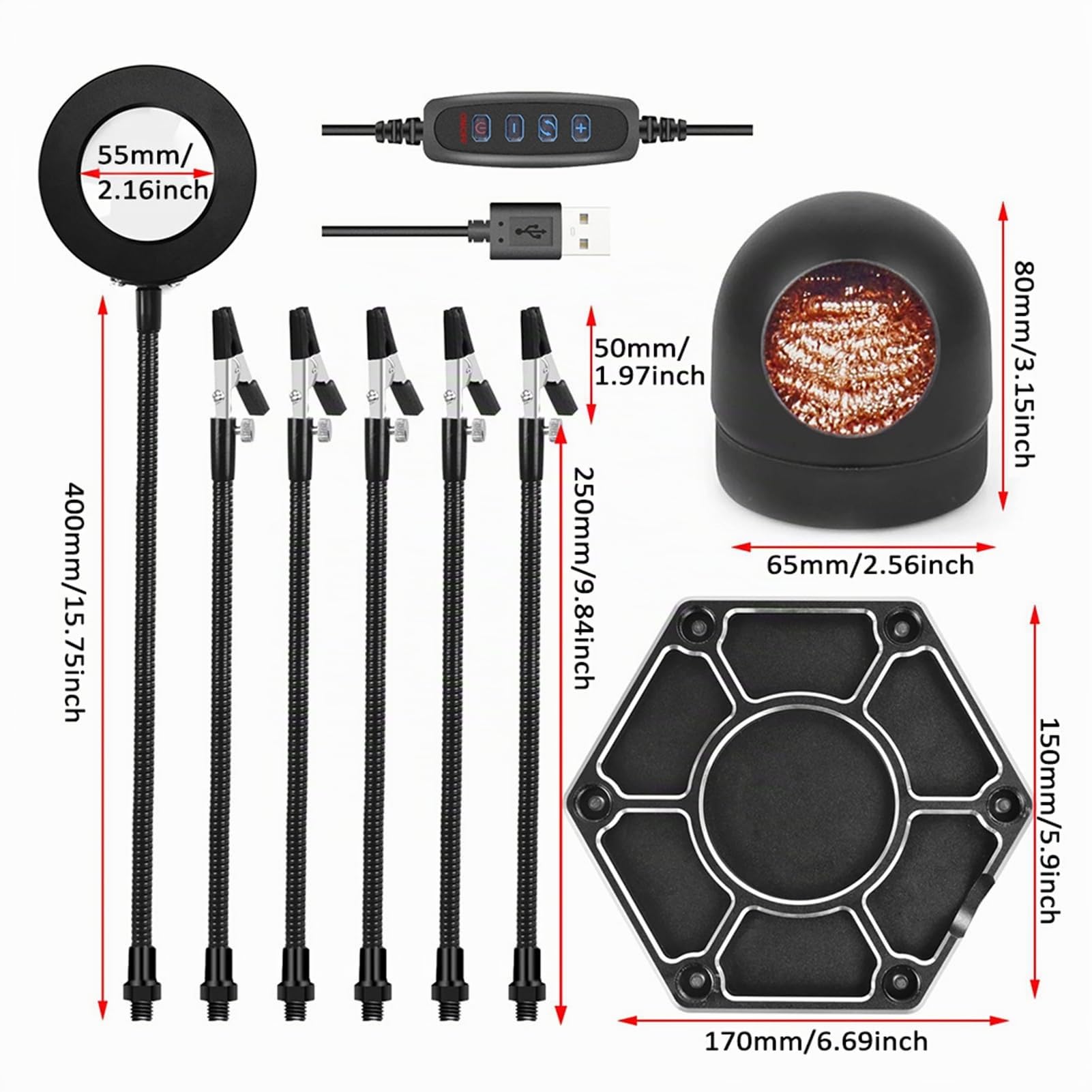 Löten Dritte Hand, Geevorks Löthilfe Werkzeug mit 5 flexiblen Armen und Krokodilklemmen, 3X LED Lupenlampe, Schweißspitzenreiniger für elektronische Reparaturen, Löten, Schmuckbasteln