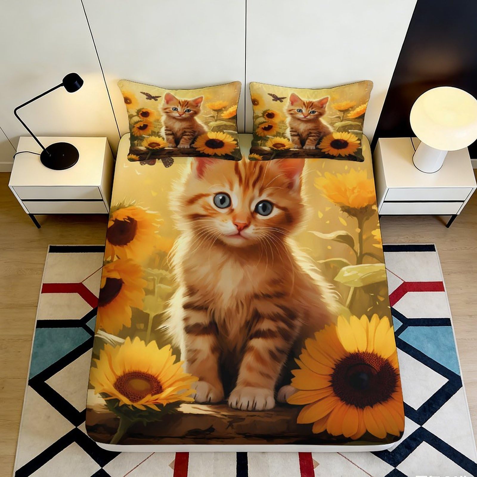 3D Printed Sunflower Cat Fitted Sheet Microfiber Deep Pocket Non-Slip Bedding, Sunflower Cat Mattress Fitted Cover Washable for Adults Teens 160x200x25cm