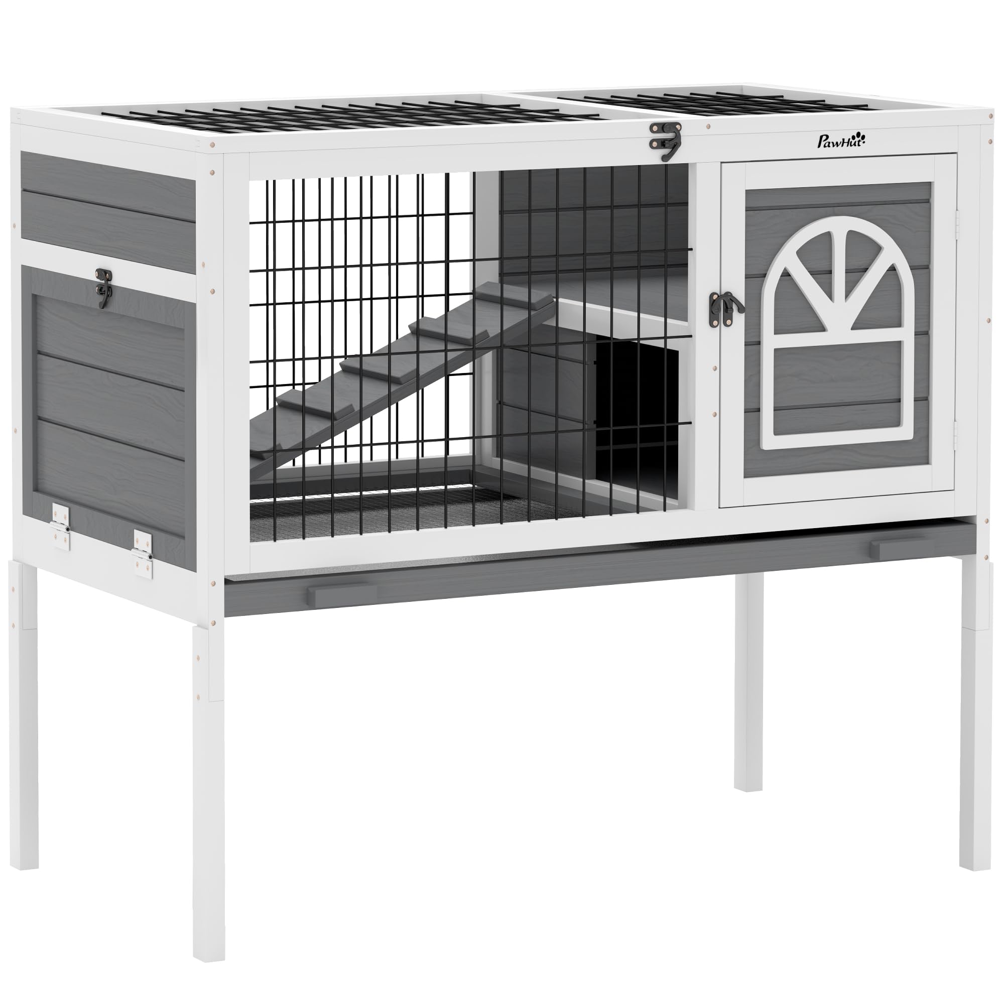 PawHut Wooden Rabbit Hutch, Elevated Guinea Pig Cage w/Openable Roof, Ladder, Removable Tray, 90 x 53 x 87cm - Grey