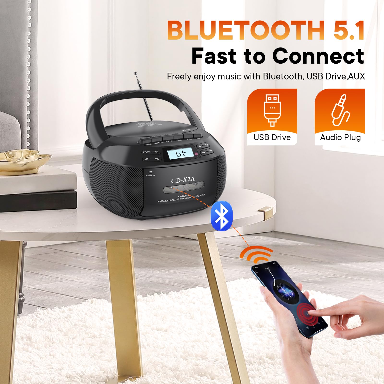 Lettore CD Boombox con Bluetooth, radio AM/FM, telecomando, suono stereo, AUX/USB, registrazione su nastro, alimentazione CA/CC, jack per cuffie, display LCD