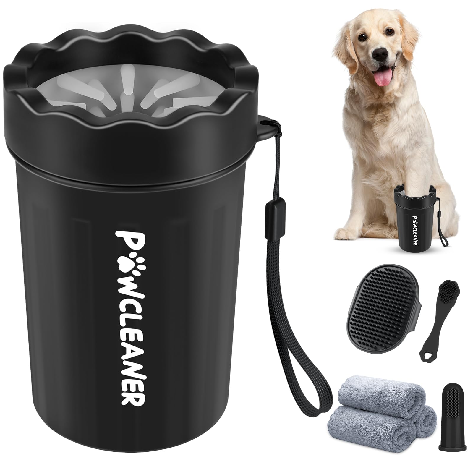 Professional 7 in 1 Dog Paw Cleaner for Dogs & Cats - Includes 1 Portable Paw Washer, 1 Bath Brush, 2 Dog Toothbrushes and 3 Absorbent Towels Note: Fits Paws 1.5 to 2.5 Inches Wide (Medium, Black)