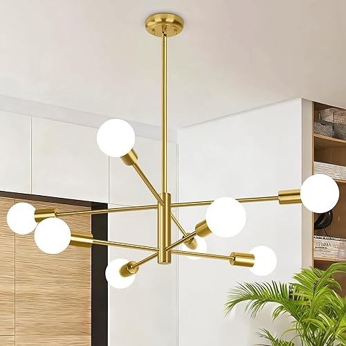 Miniatura 10 de BesLowe Candelabro Sputnik moderno de 31 pulgadas, 8 luces, lámparas de araña de mediados de siglo, color negro y dorado, lámpara colgante de techo