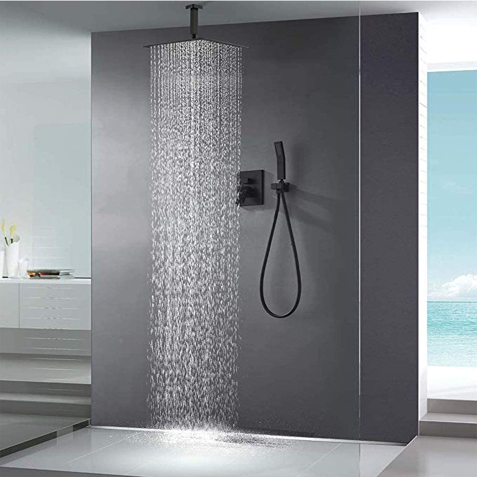 System natryskowy Rain Shower w kolorze matowej czerni, kwadratowa 10-calowa głowica prysznicowa z prysznicem ręcznym, zestaw baterii prysznicowej montowanej na sufi,