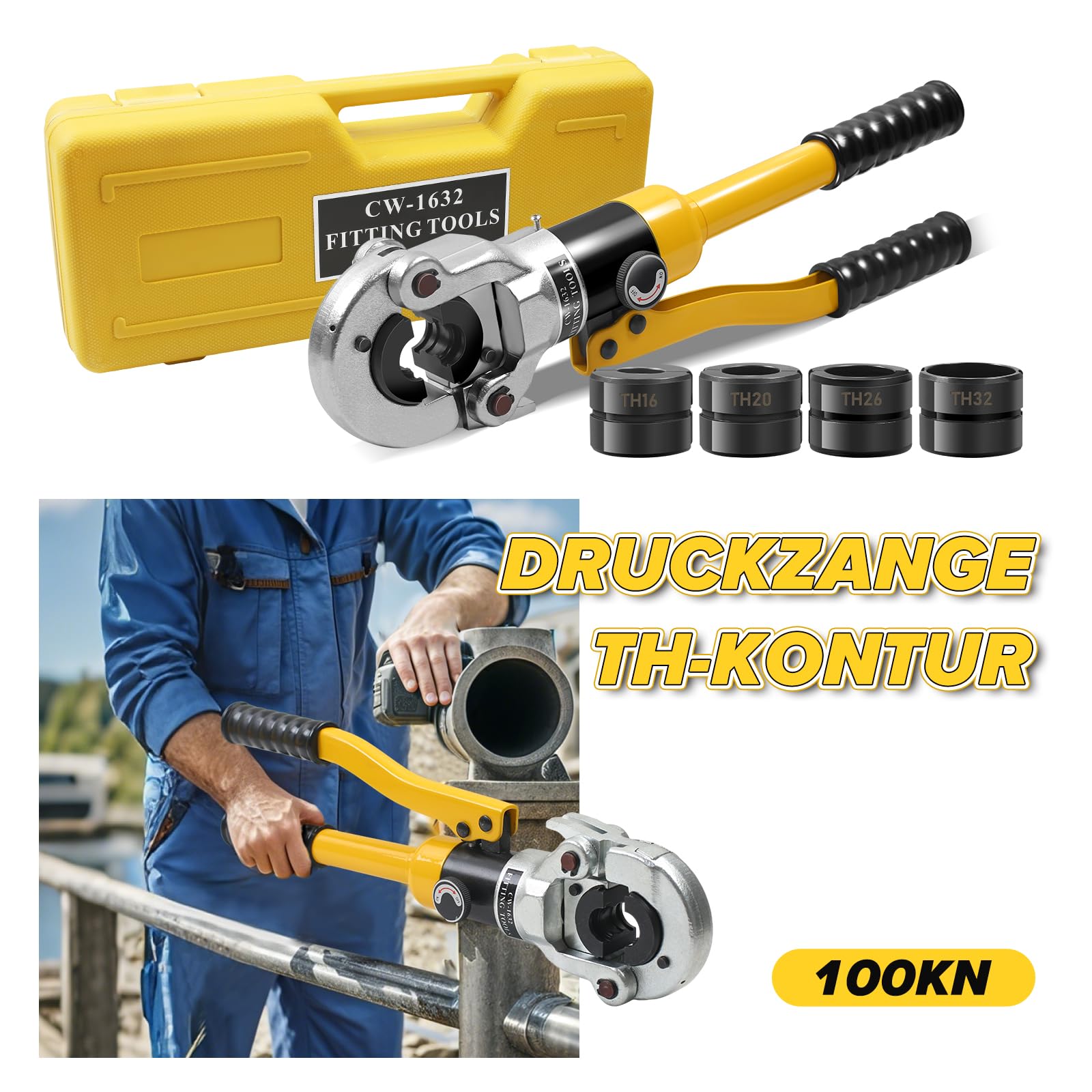 Pinza a pressa, 16-32 mm, tipo TH, 10 T, pinza crimpatrice con impugnatura in gomma, testa girevole a 360°, pinza idraulica per tubi PEX, tubi PB, tubi in rame per casa, industria, giardino
