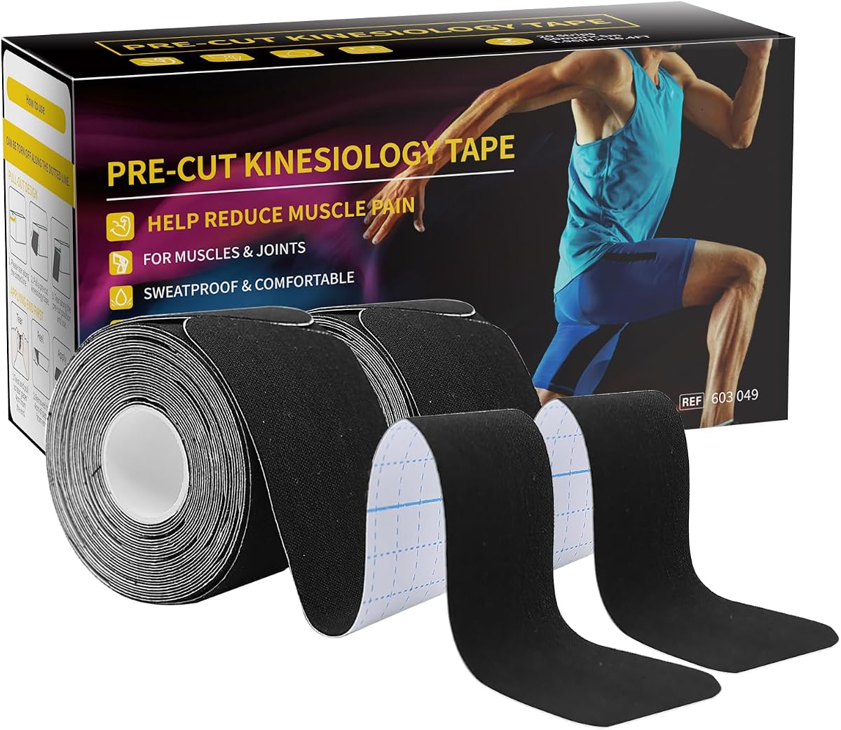 Cinta de kinesiología precortada Dimora, negra, 2 rollos, 40 tiras de 10 pulgadas cada una | Algodón transpirable, adhesivo fuerte, estiramiento flexible para soporte muscular y articular durante deportes, fitness y recuperación.