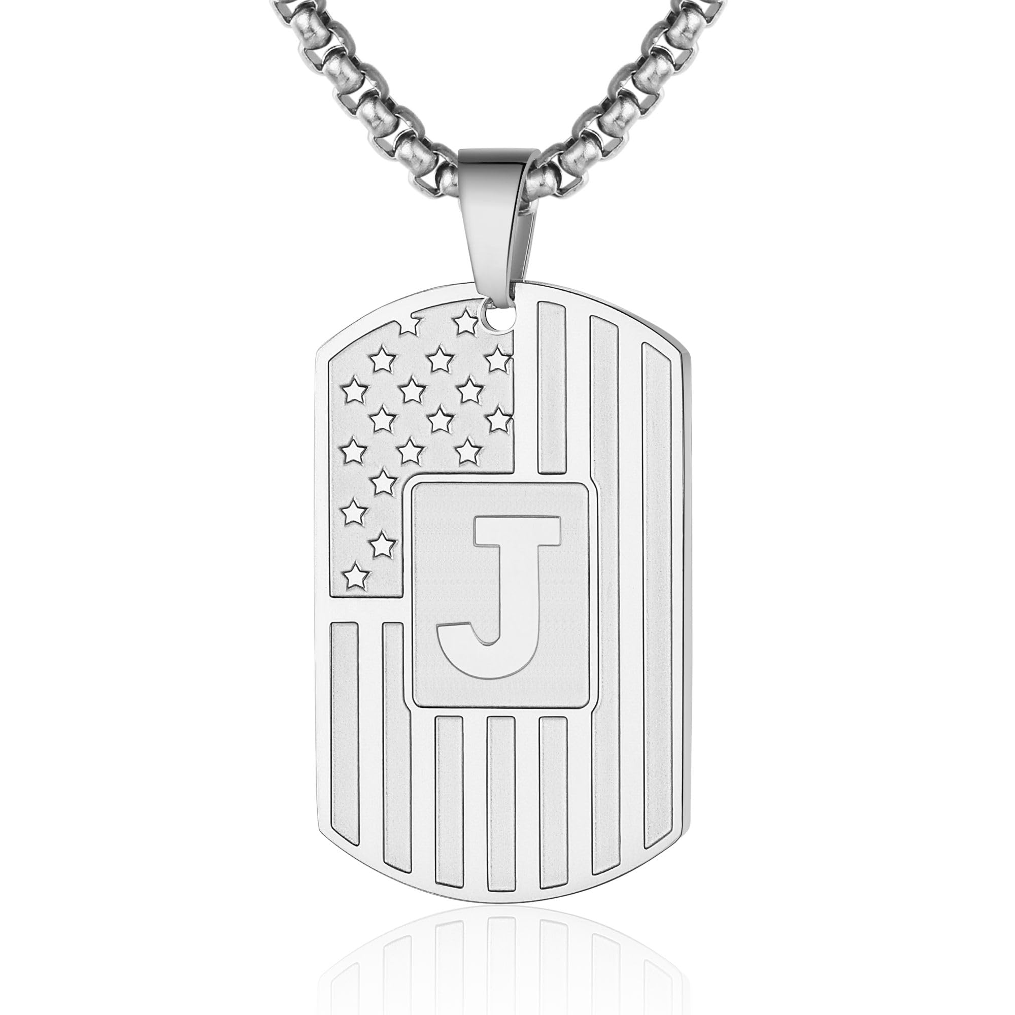 WINFY Initial A-Z Necklace for Men American Flag Dog Tag A-Z Pendant 316L Stainless Steel Chain 22+2 Inches Personalized Patriotic Jewelry for Men
