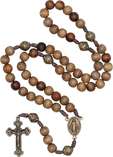 Intercession™ Rosario de madera maciza hecho a mano Nuestro Padre Sagrado Corazón (Sagrado Corazón - Nogal), Metal